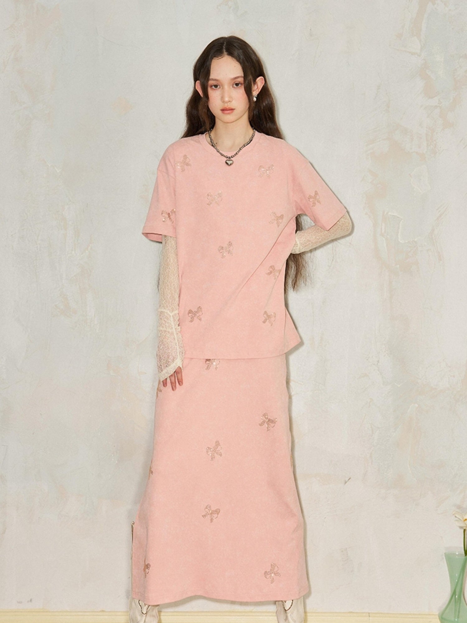 DIDDI MODA Butterfly Print Cotton Tee Slit Skirt Set