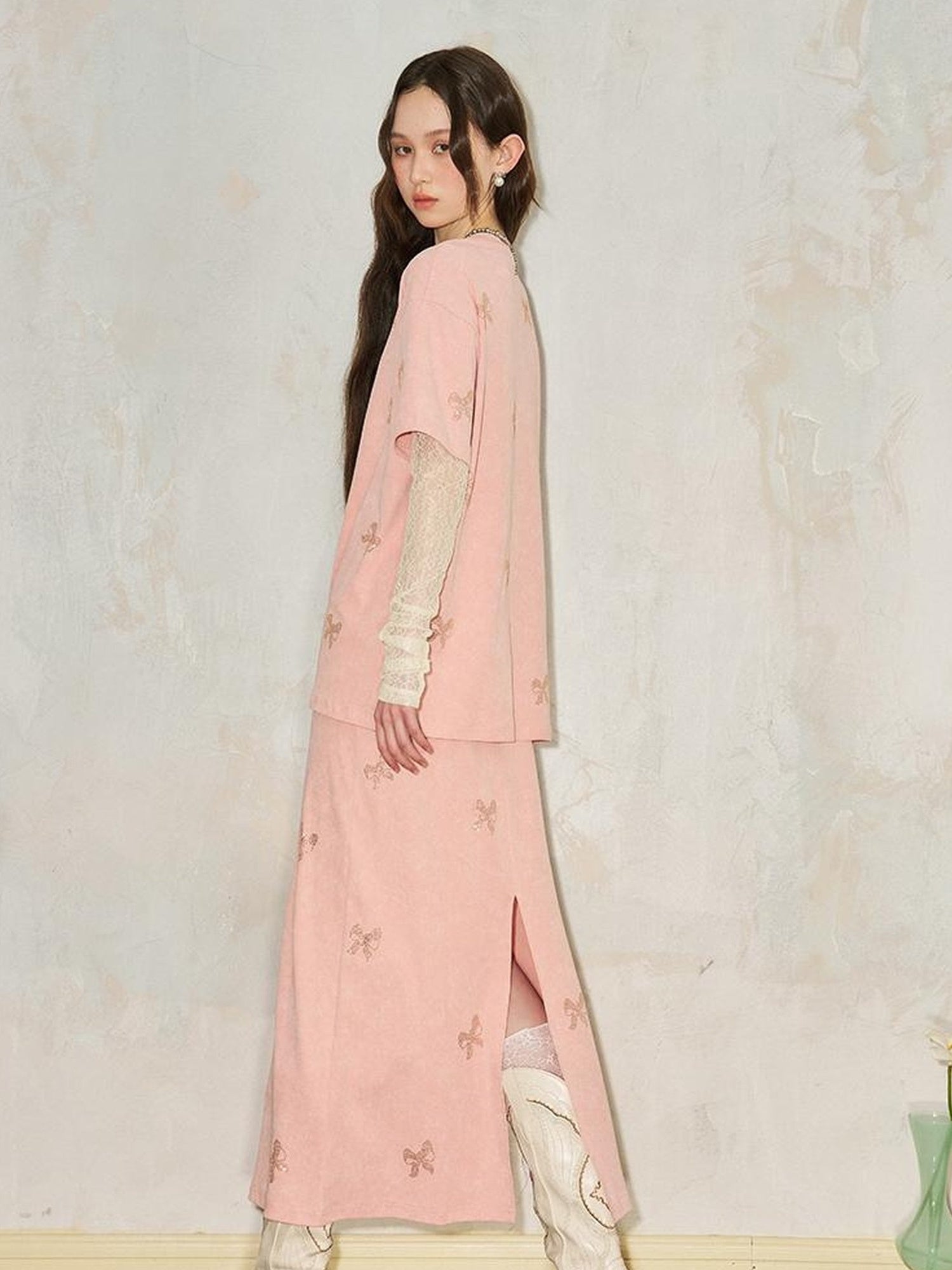 DIDDI MODA Butterfly Print Cotton Tee Slit Skirt Set