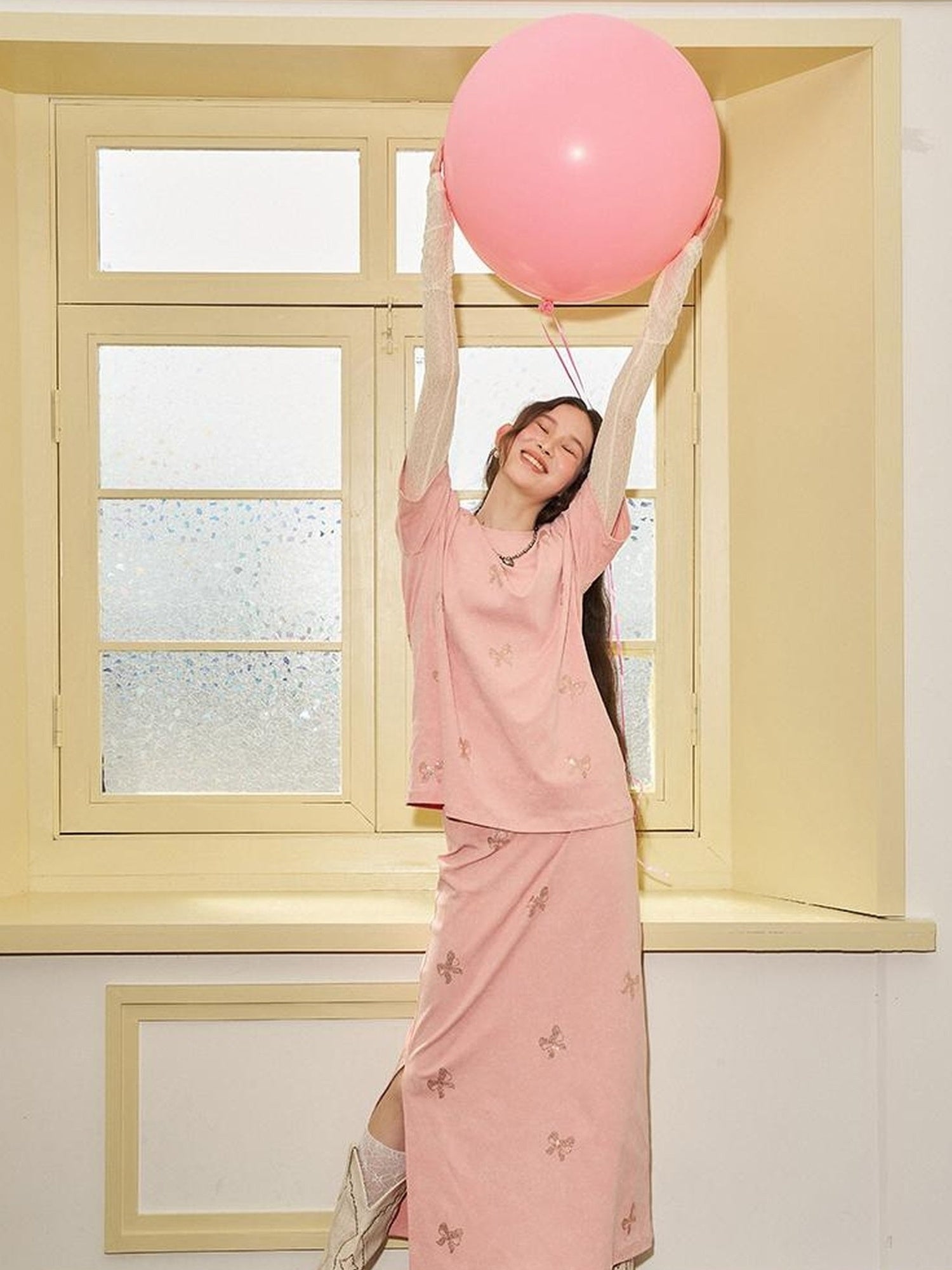 DIDDI MODA Butterfly Print Cotton Tee Slit Skirt Set