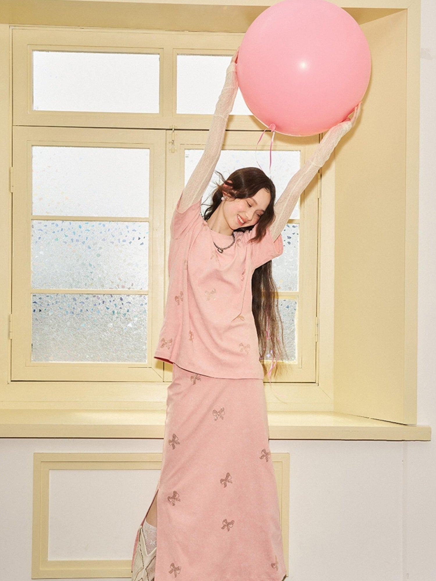 DIDDI MODA Butterfly Print Cotton Tee Slit Skirt Set