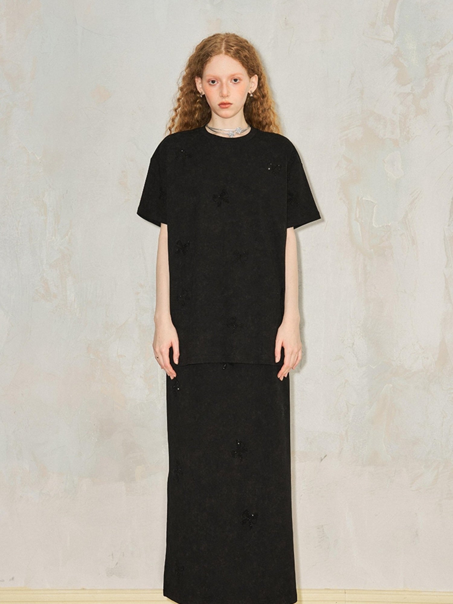 DIDDI MODA Butterfly Print Cotton Tee Slit Skirt Set