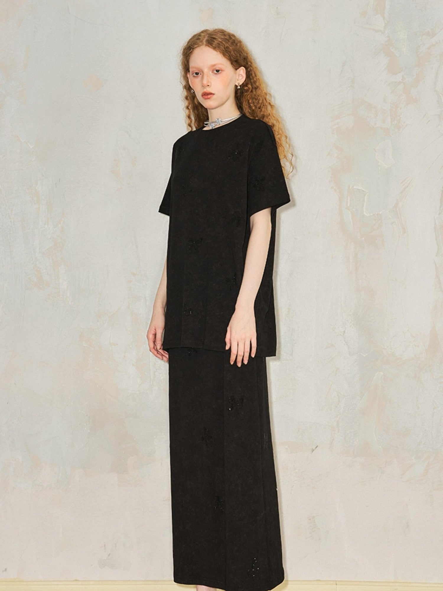 DIDDI MODA Butterfly Print Cotton Tee Slit Skirt Set