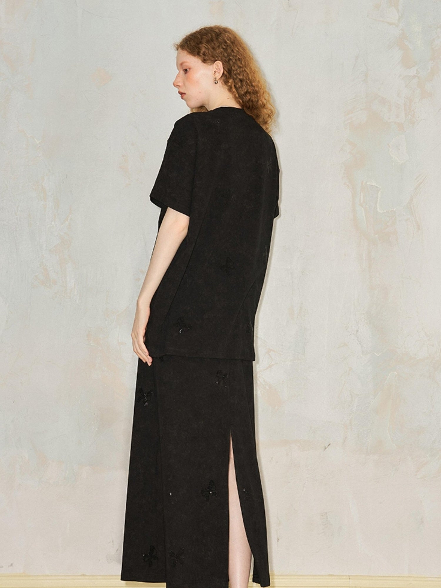 DIDDI MODA Butterfly Print Cotton Tee Slit Skirt Set