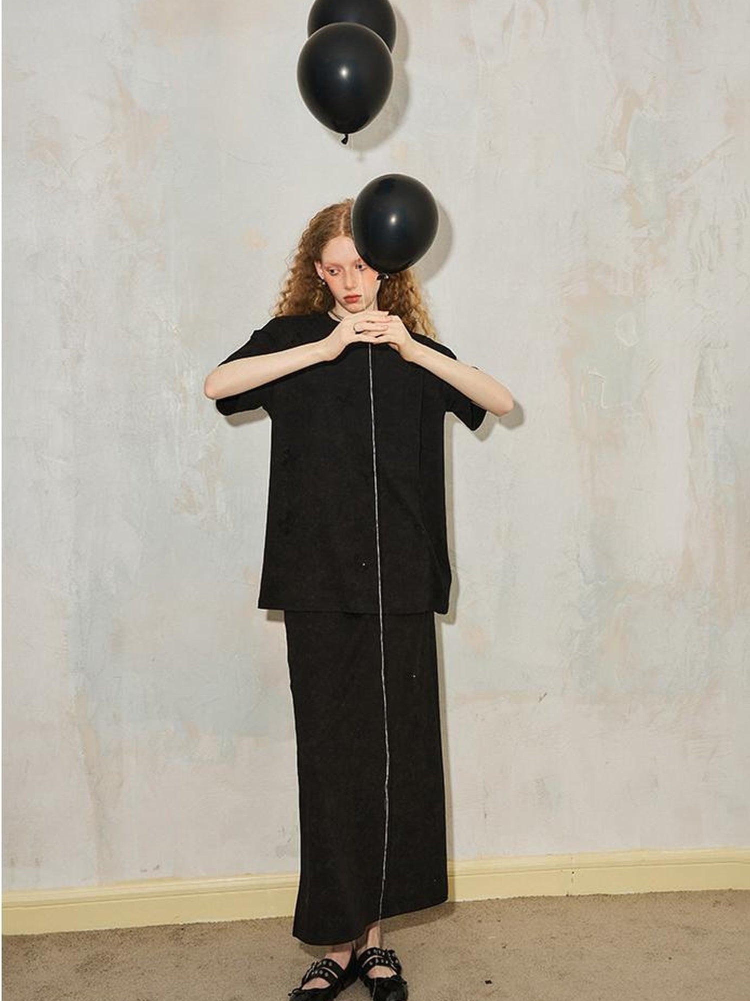 DIDDI MODA Butterfly Print Cotton Tee Slit Skirt Set