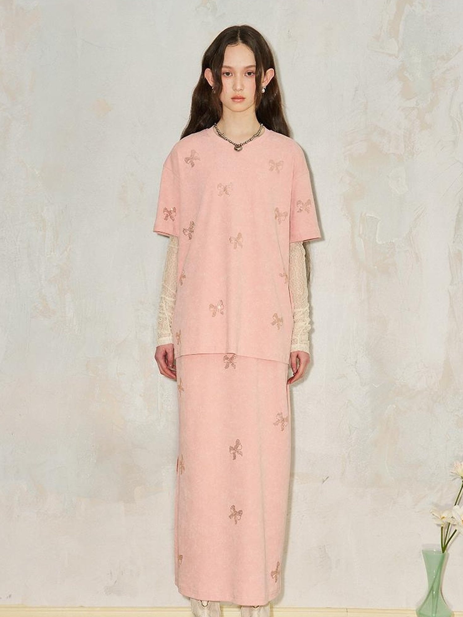 DIDDI MODA Butterfly Print Cotton Tee Slit Skirt Set