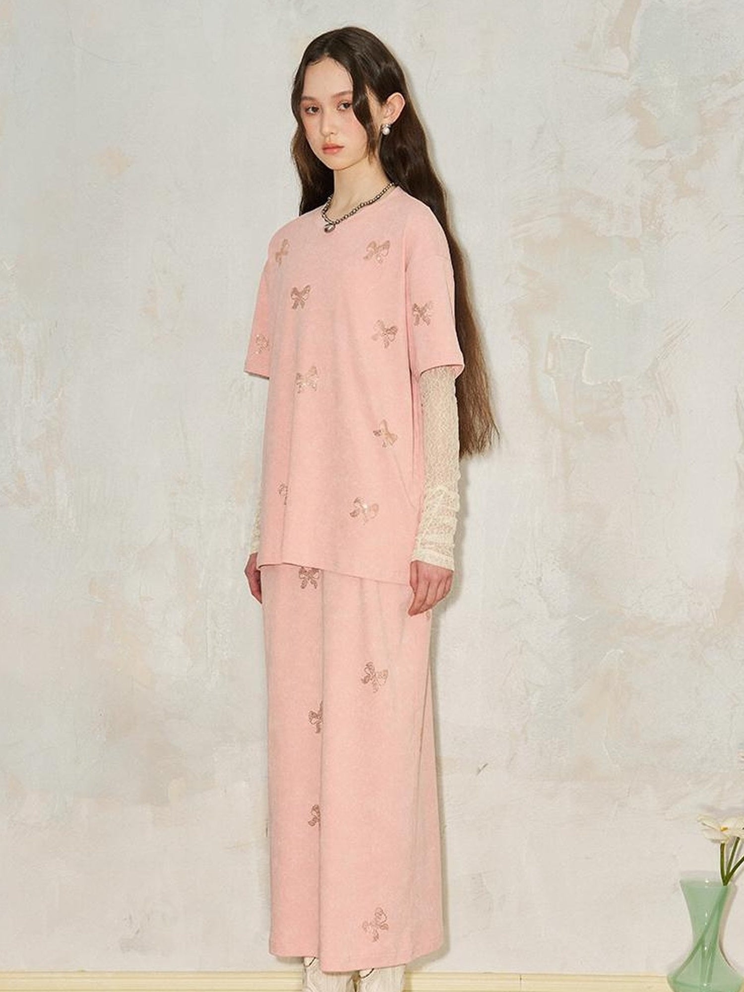 DIDDI MODA Butterfly Print Cotton Tee Slit Skirt Set