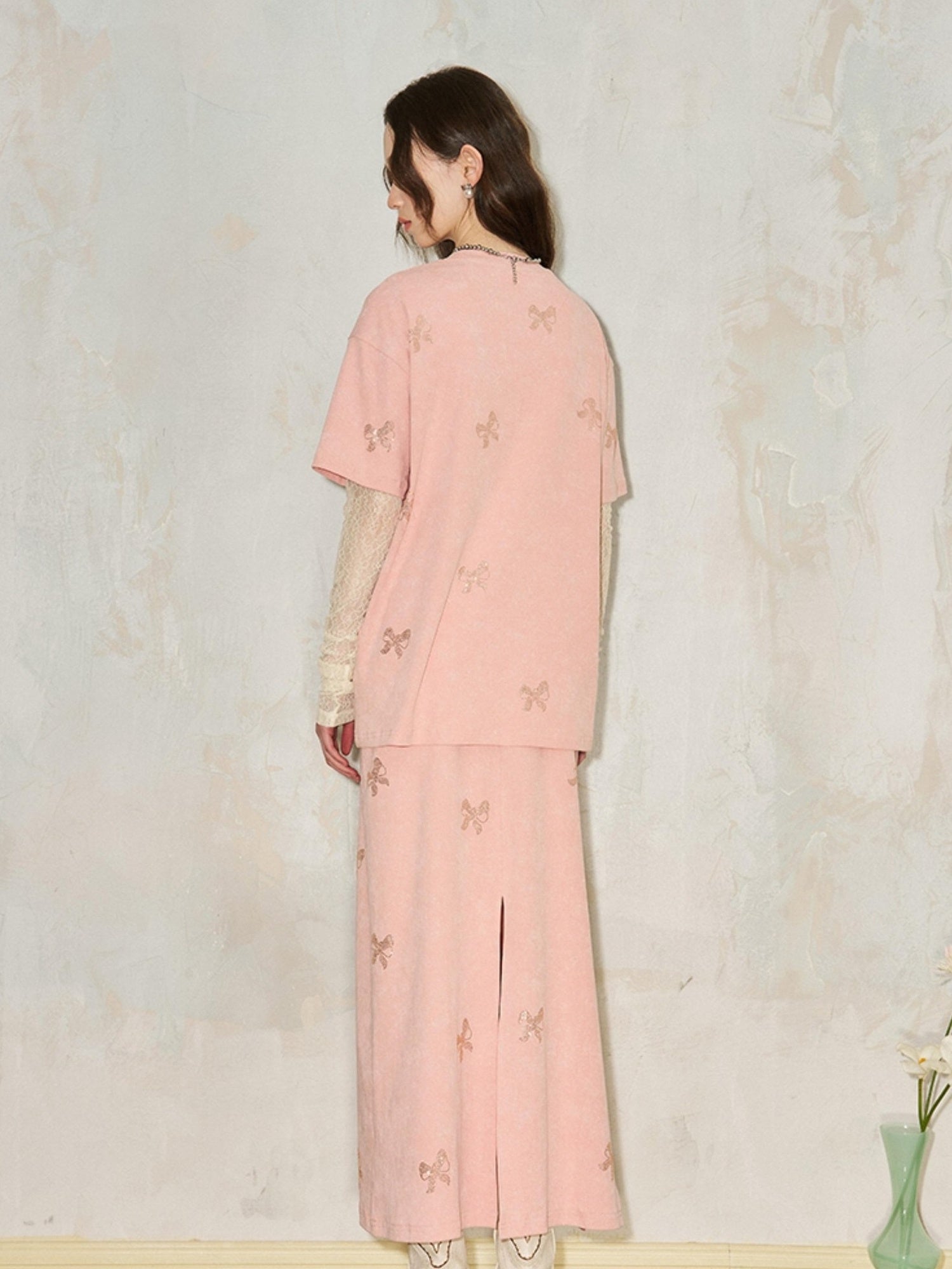 DIDDI MODA Butterfly Print Cotton Tee Slit Skirt Set