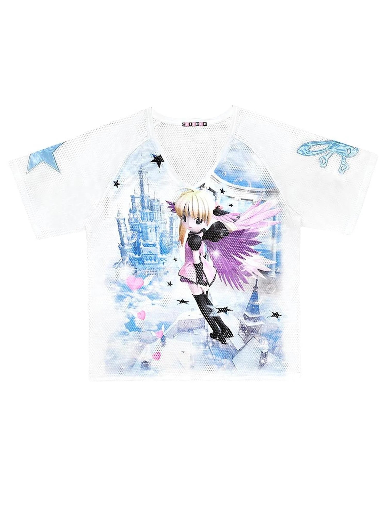 Angel Graphic Relaxed Tee V Neck T Shirt Long Sleeve