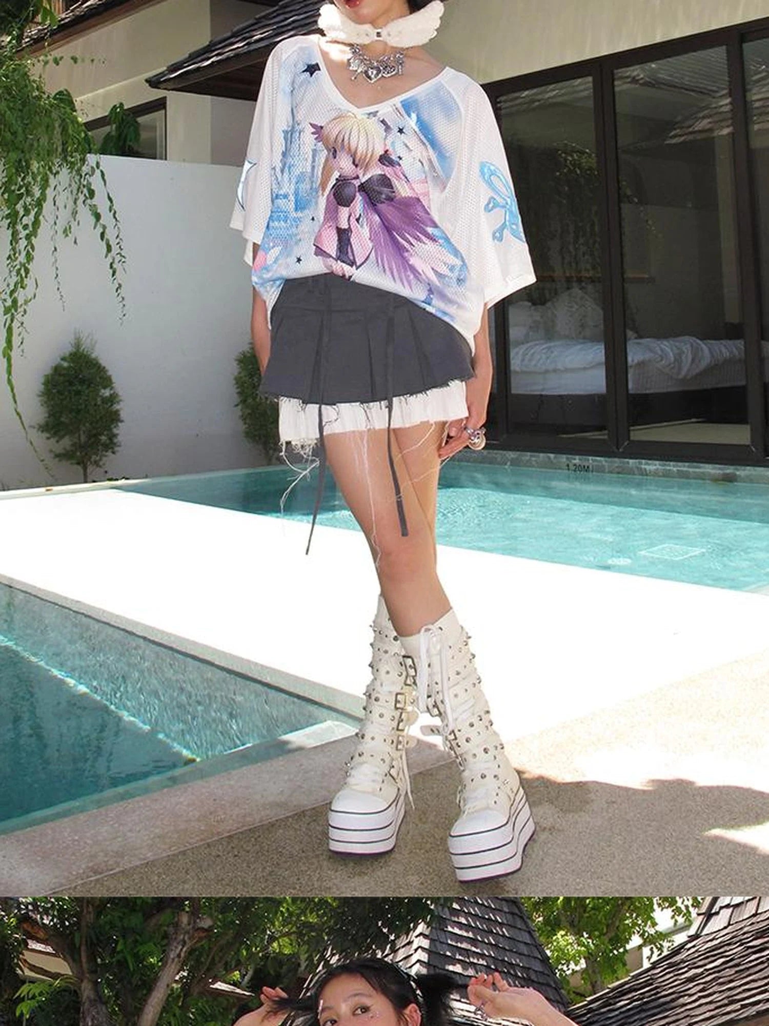 Angel Graphic Relaxed Tee V Neck T Shirt Long Sleeve