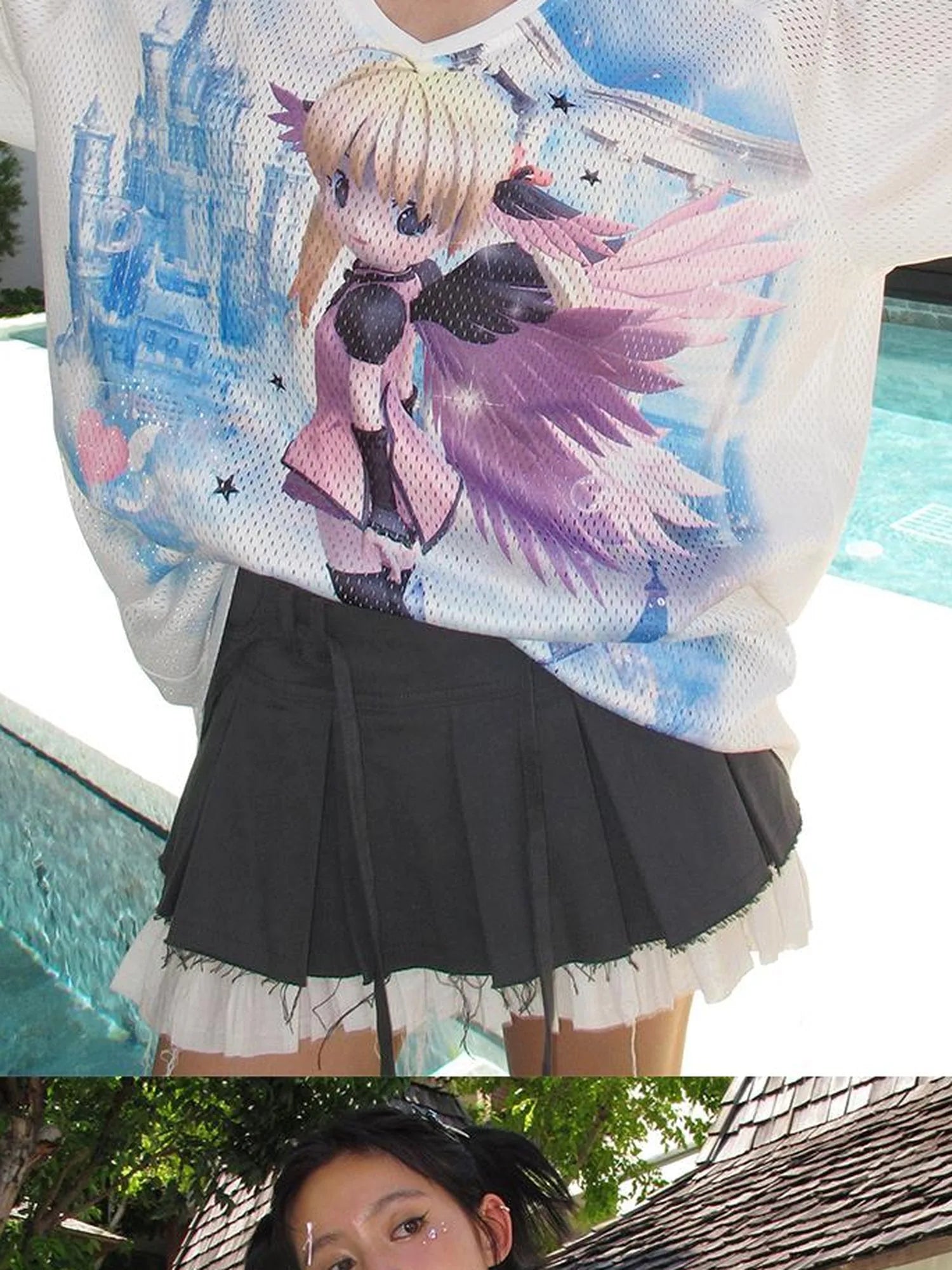 Angel Graphic Relaxed Tee V Neck T Shirt Long Sleeve