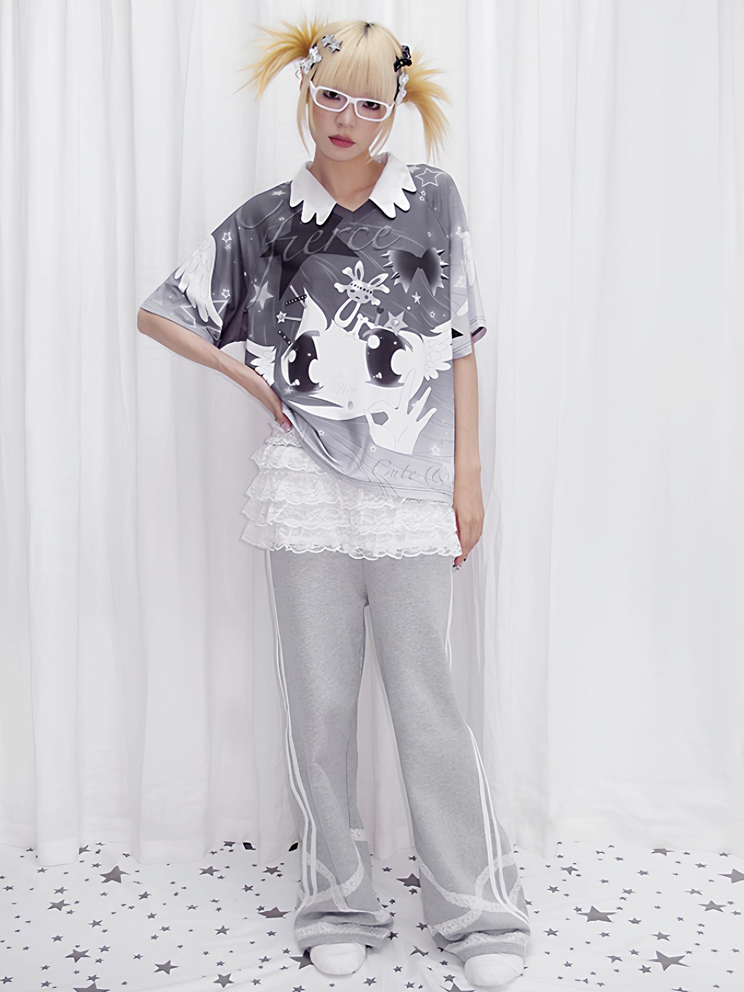 CFIERCE Angel Print Raglan Tee V Neck T Shirt Long Sleeve