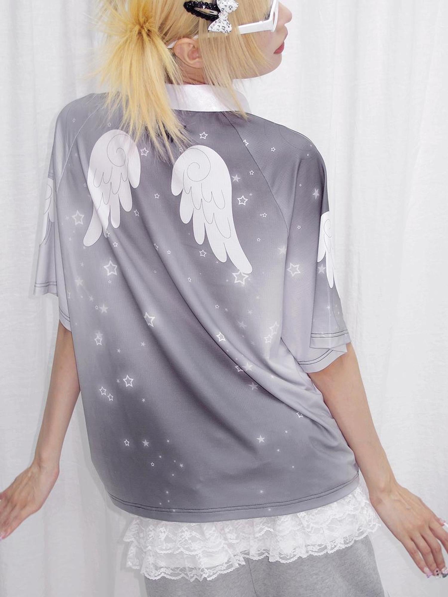 CFIERCE Angel Print Raglan Tee V Neck T Shirt Long Sleeve