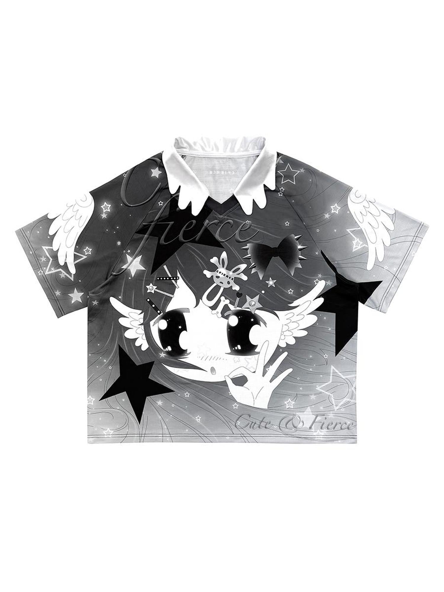 CFIERCE Angel Print Raglan Tee V Neck T Shirt Long Sleeve