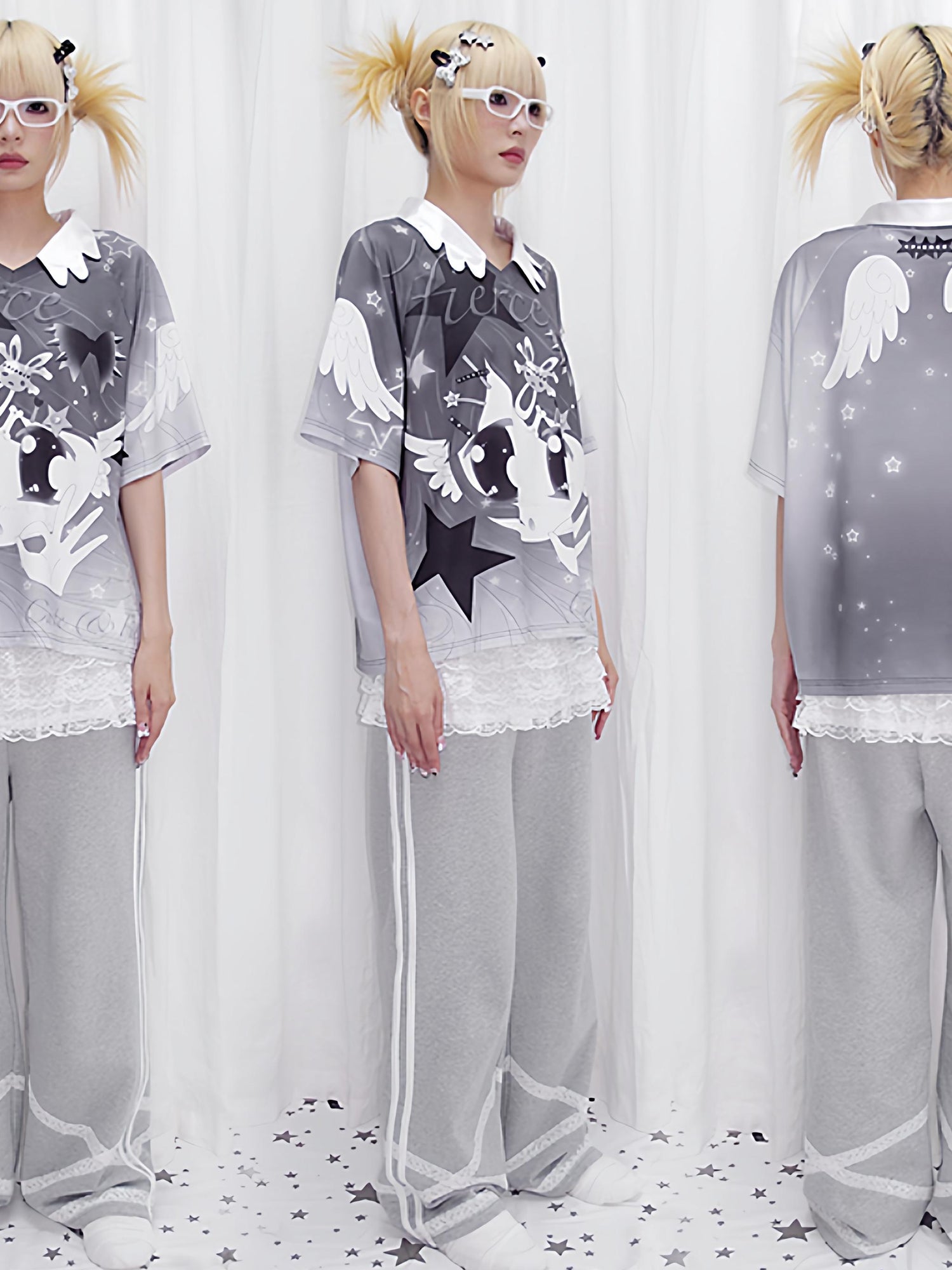 CFIERCE Angel Print Raglan Tee V Neck T Shirt Long Sleeve
