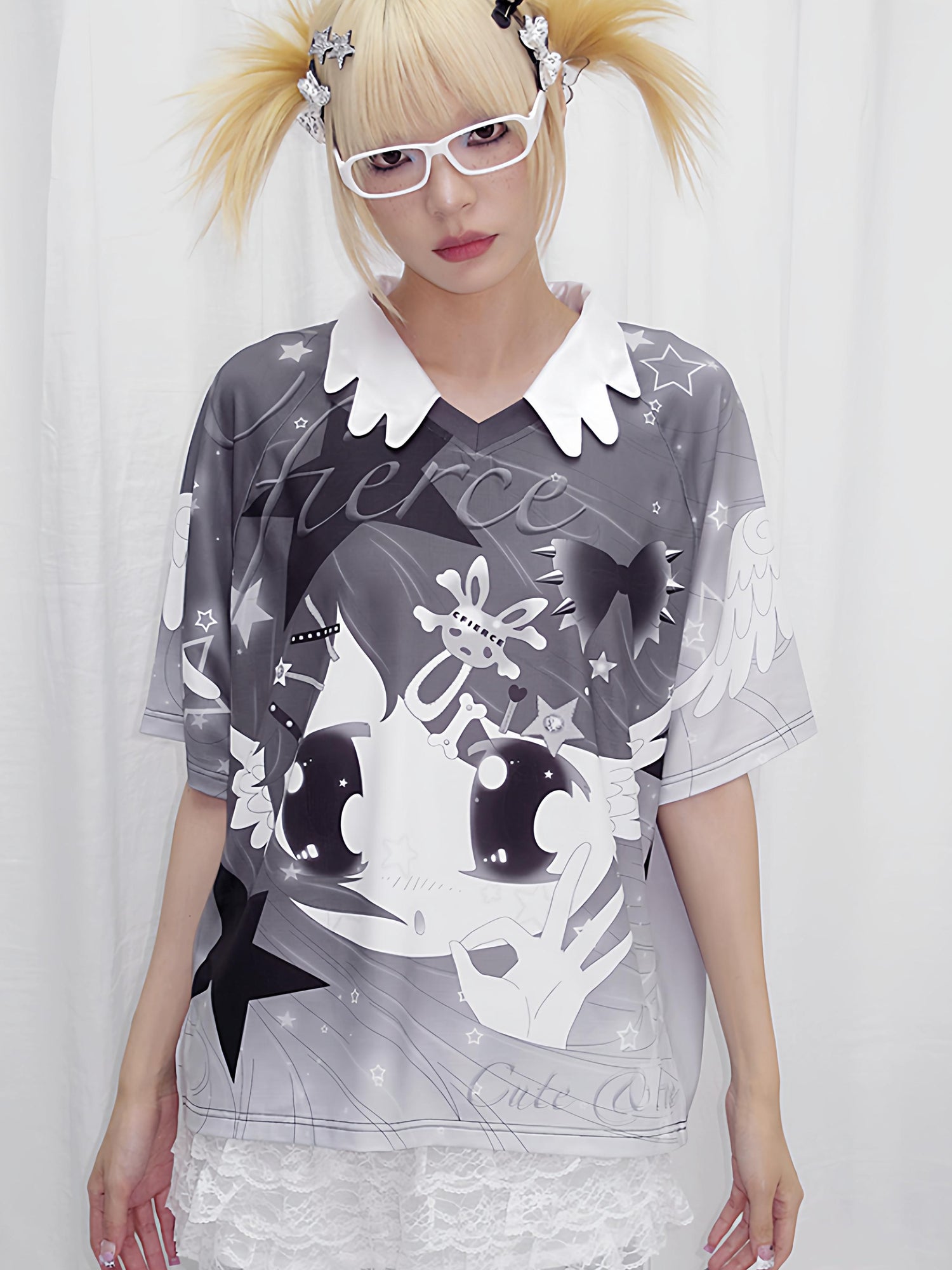 CFIERCE Angel Print Raglan Tee V Neck T Shirt Long Sleeve