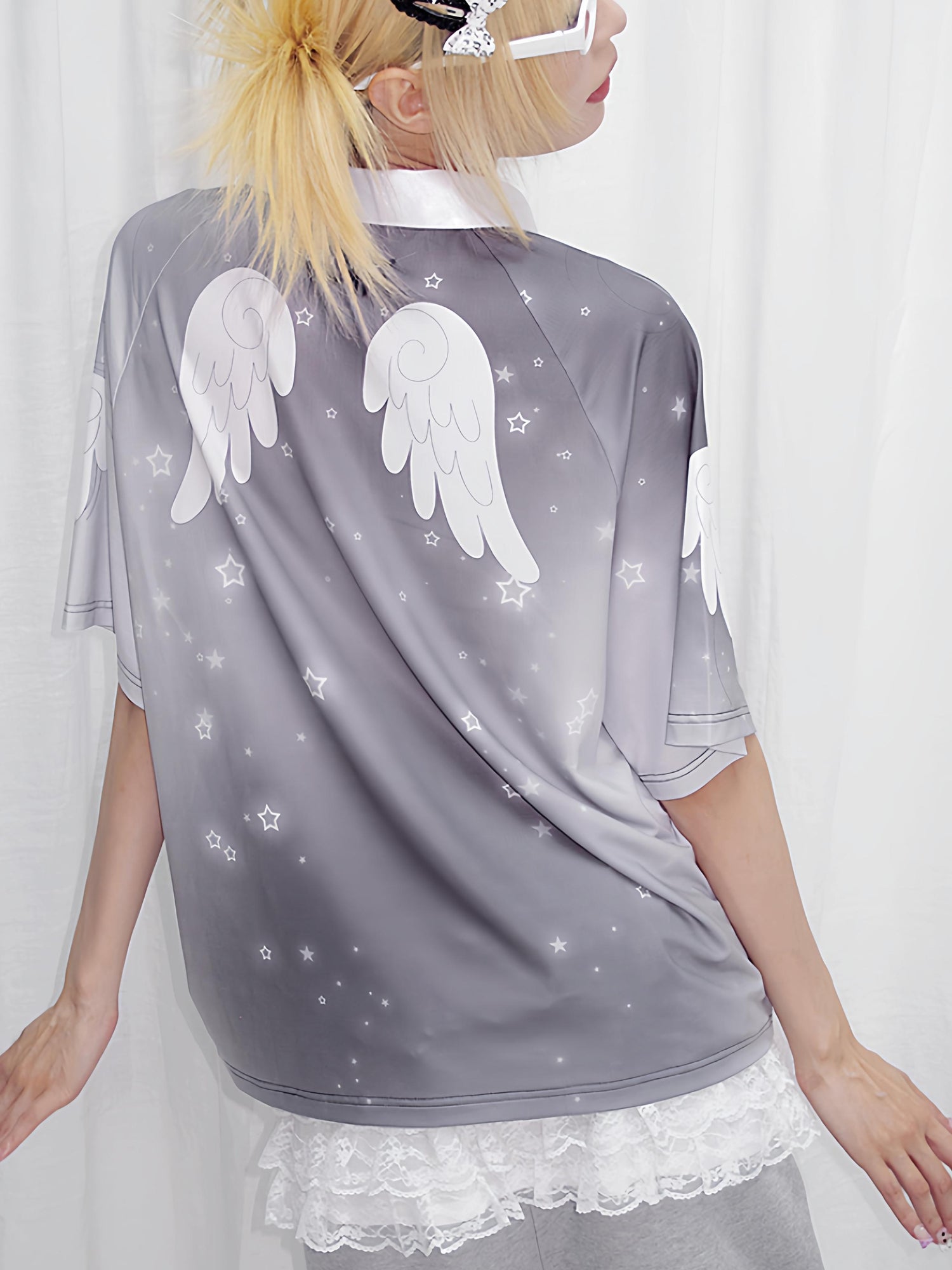 CFIERCE Angel Print Raglan Tee V Neck T Shirt Long Sleeve