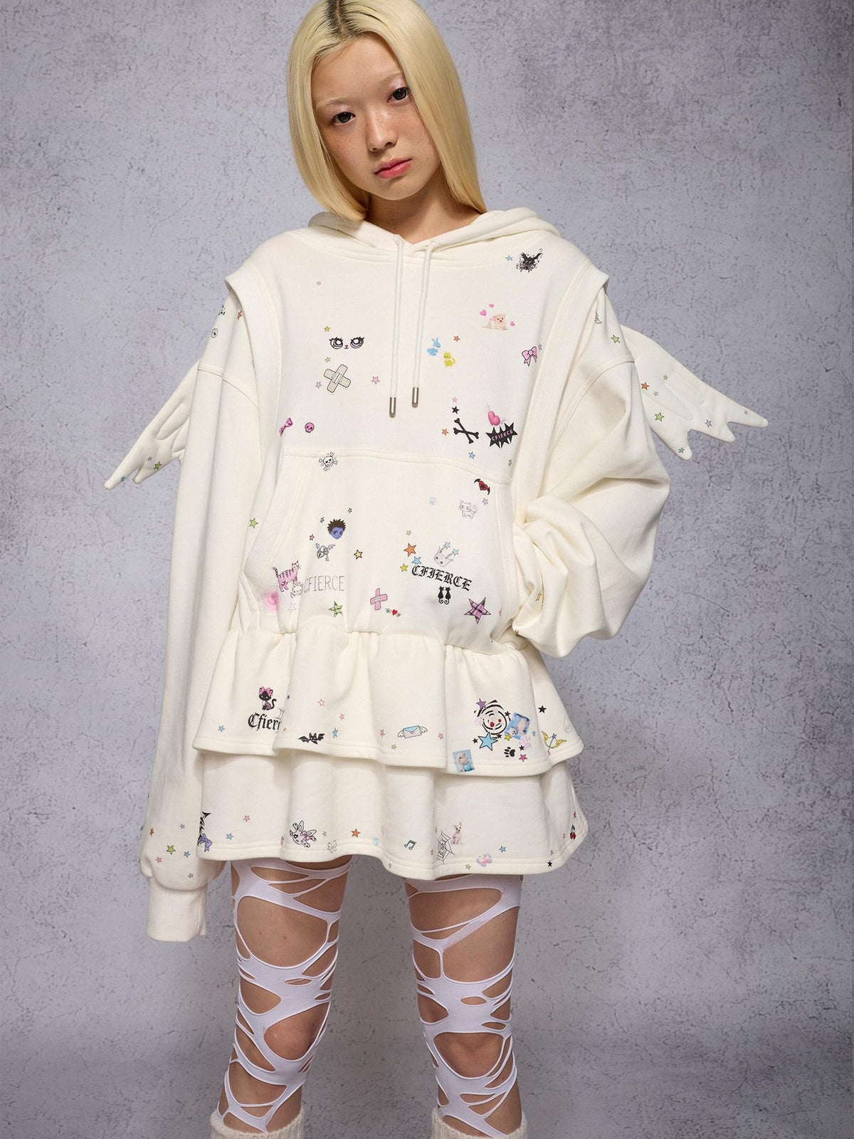 CFIERCE Angel Wings Sticker Print Long Sleeve Faux Two Piece Women&
