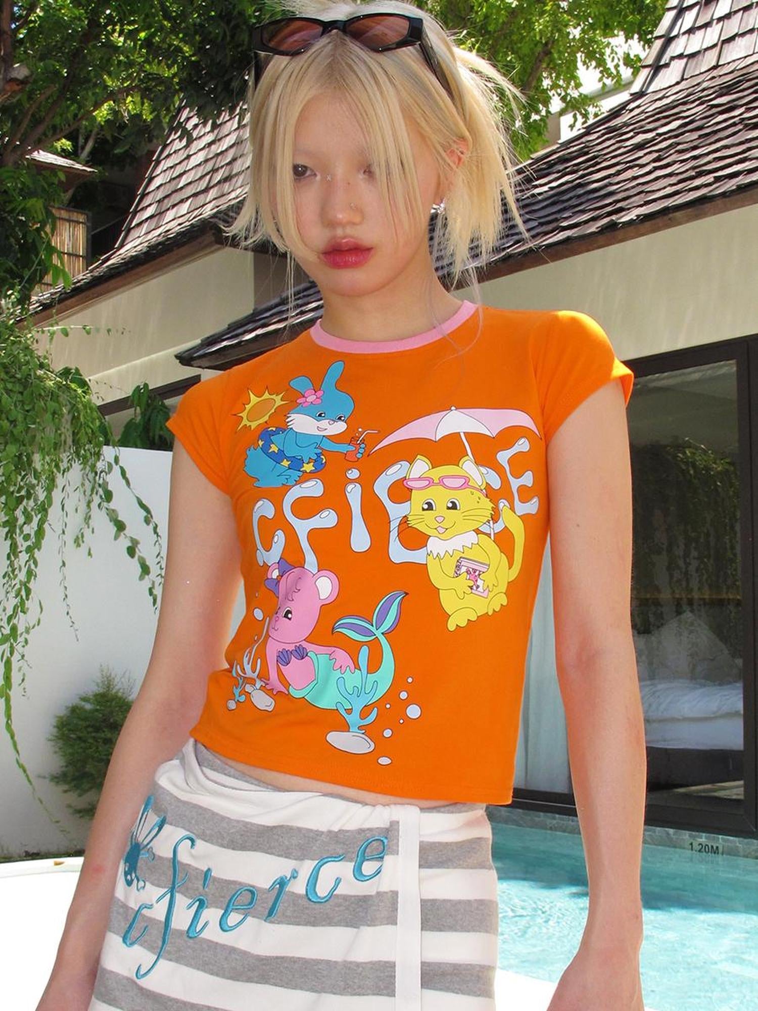 CFIERCE Animal Pool Party Print Tee V Neck T Shirt Long Sleeve