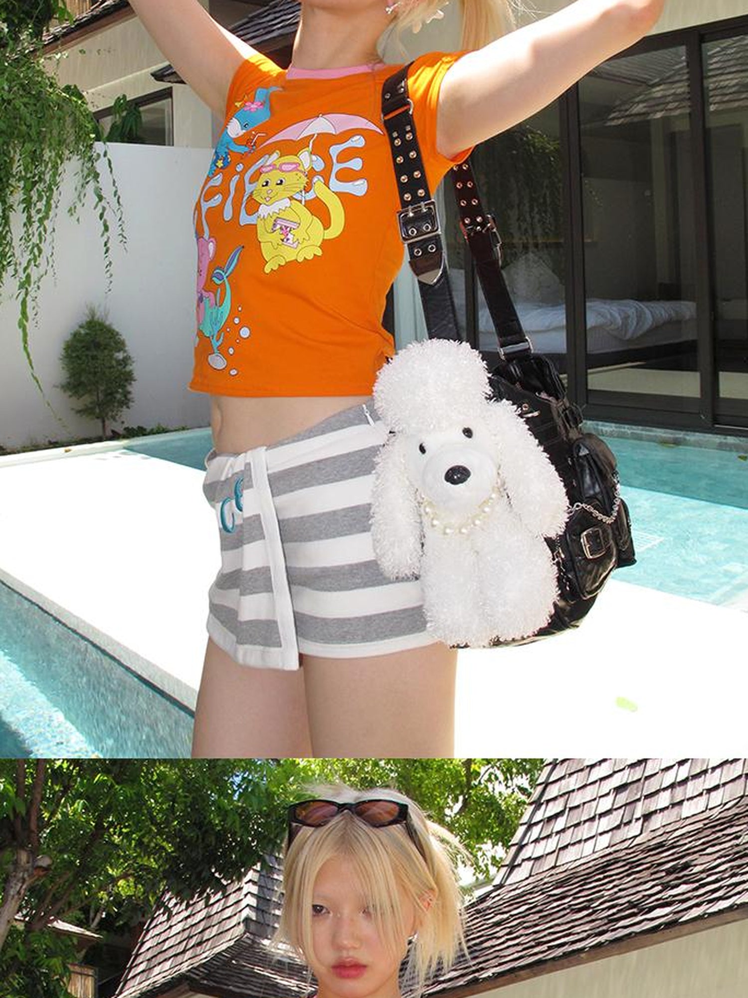 CFIERCE Animal Pool Party Print Tee V Neck T Shirt Long Sleeve