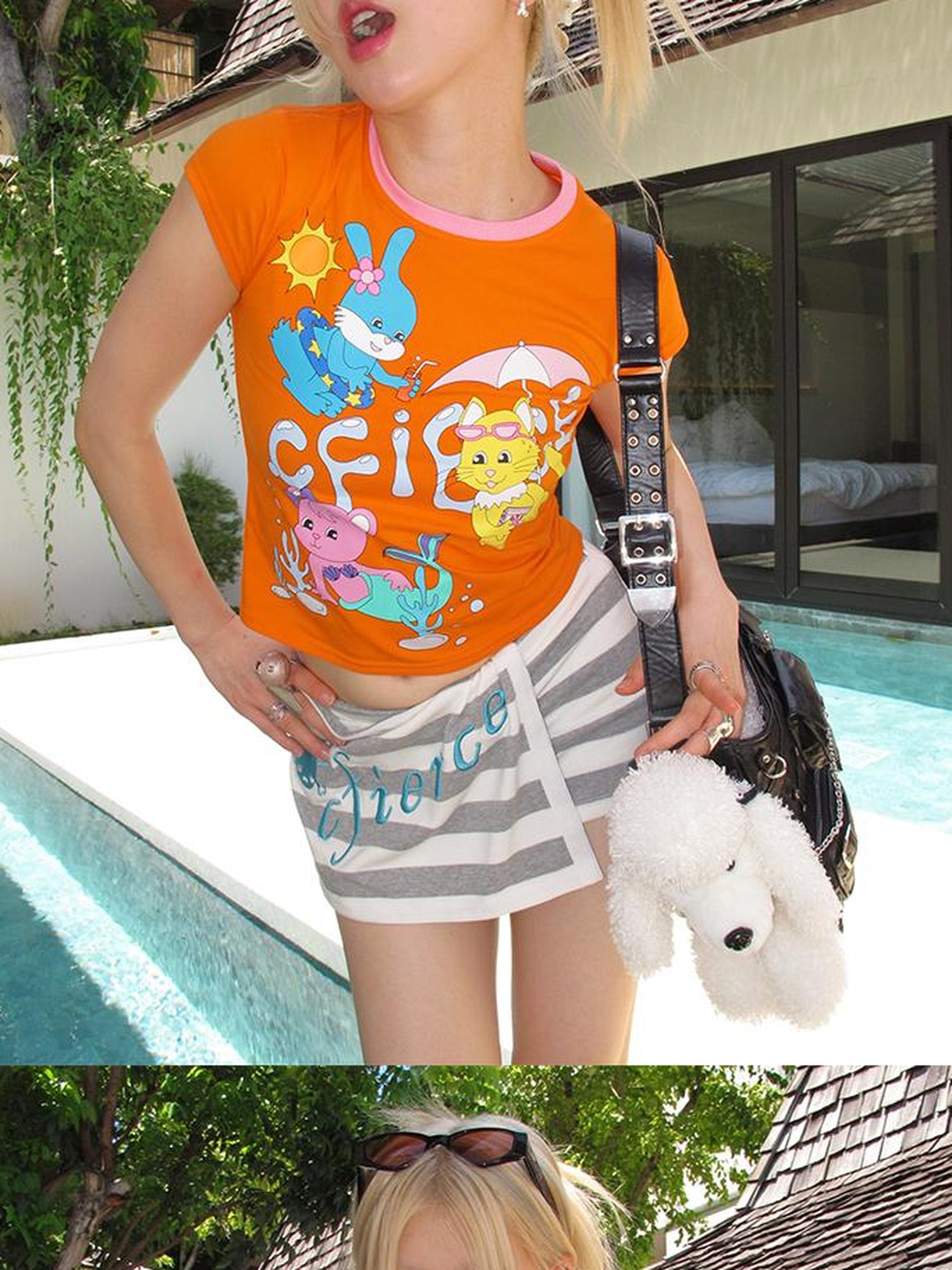 CFIERCE Animal Pool Party Print Tee V Neck T Shirt Long Sleeve