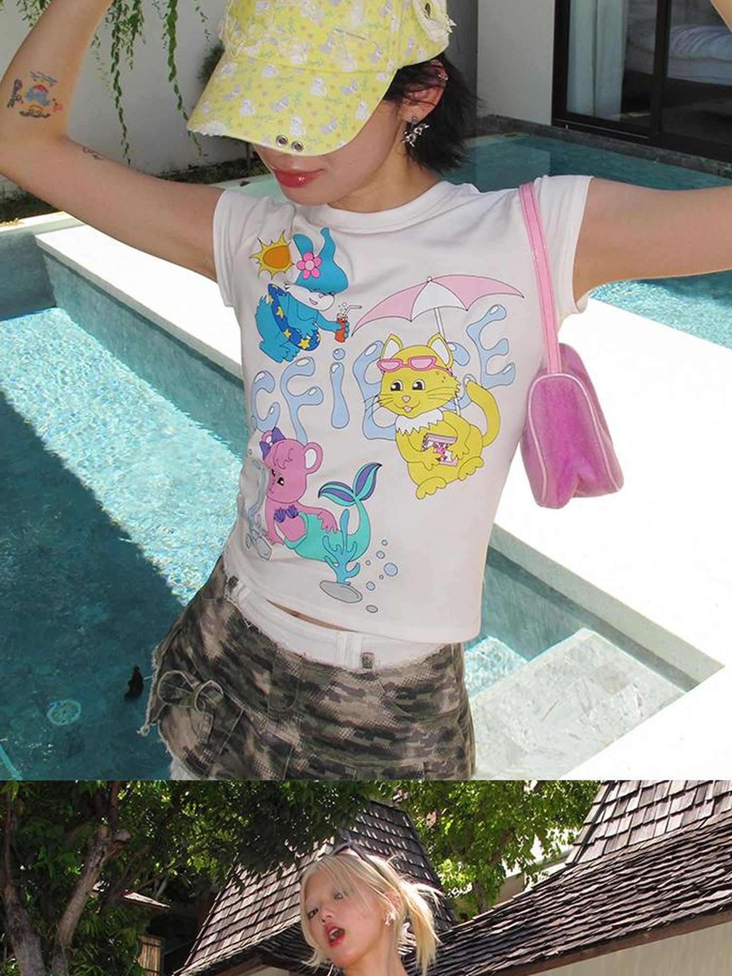 CFIERCE Animal Pool Party Print Tee V Neck T Shirt Long Sleeve