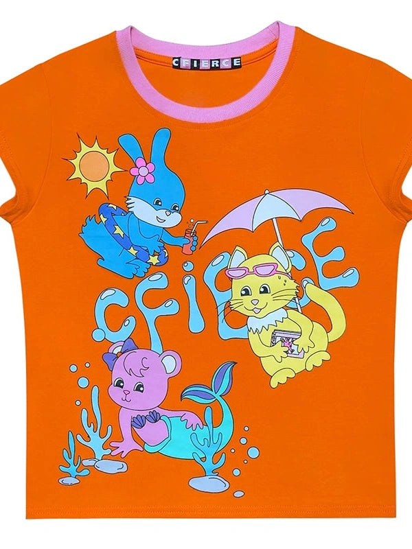 Animal Pool Party Print Tee V Neck T Shirt Long Sleeve