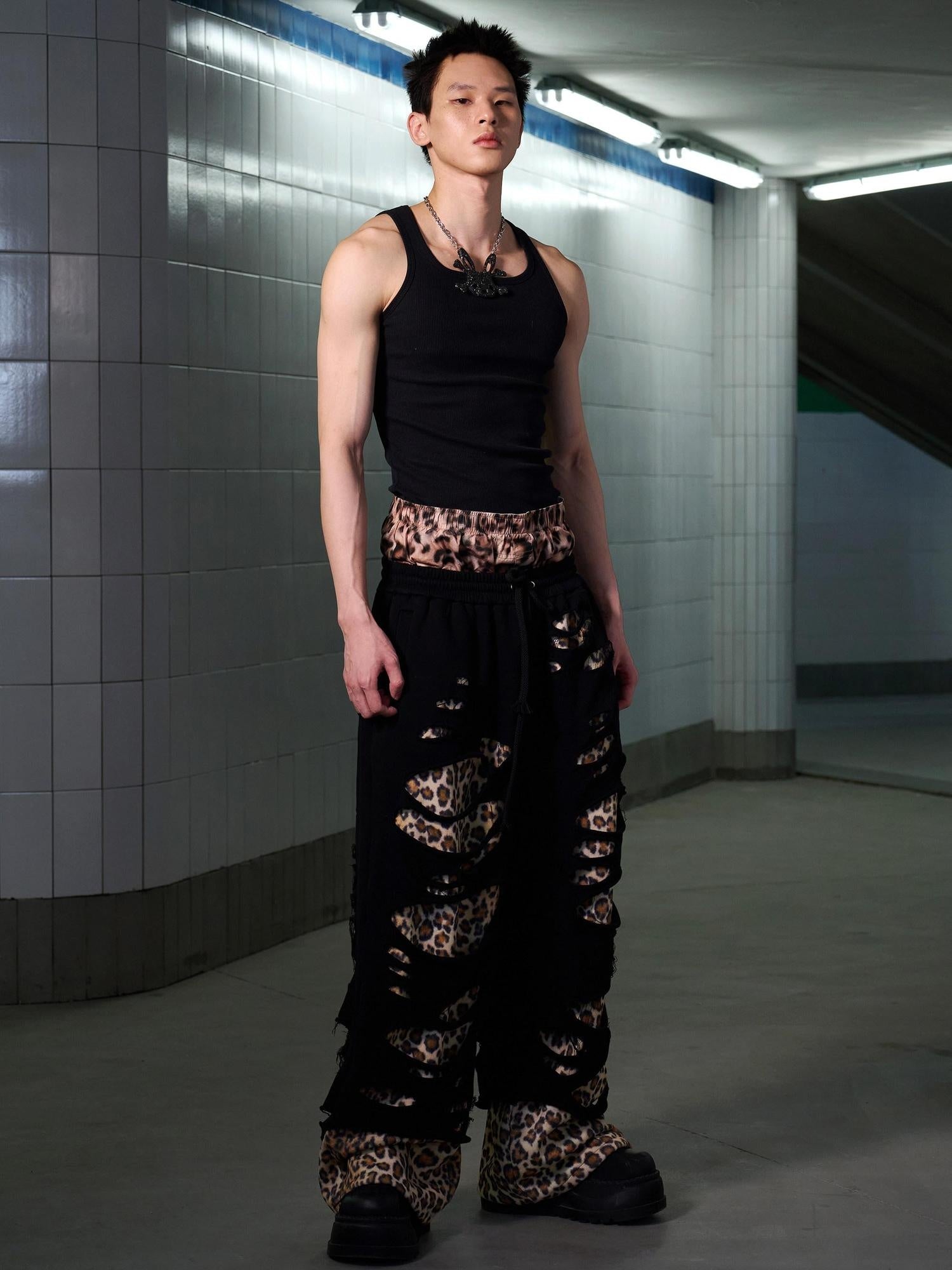 CFIERCE Asymmetrical Leopard Street Loose Straight Leg Women Cotton Blend Pants
