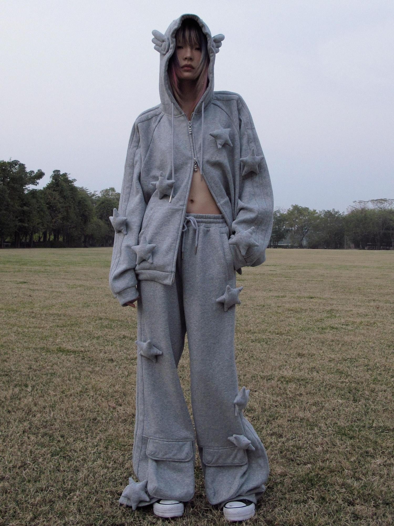 CFIERCE Asymmetrical Street Loose Straight Women Natural Waist Gray Cotton Blend Pants