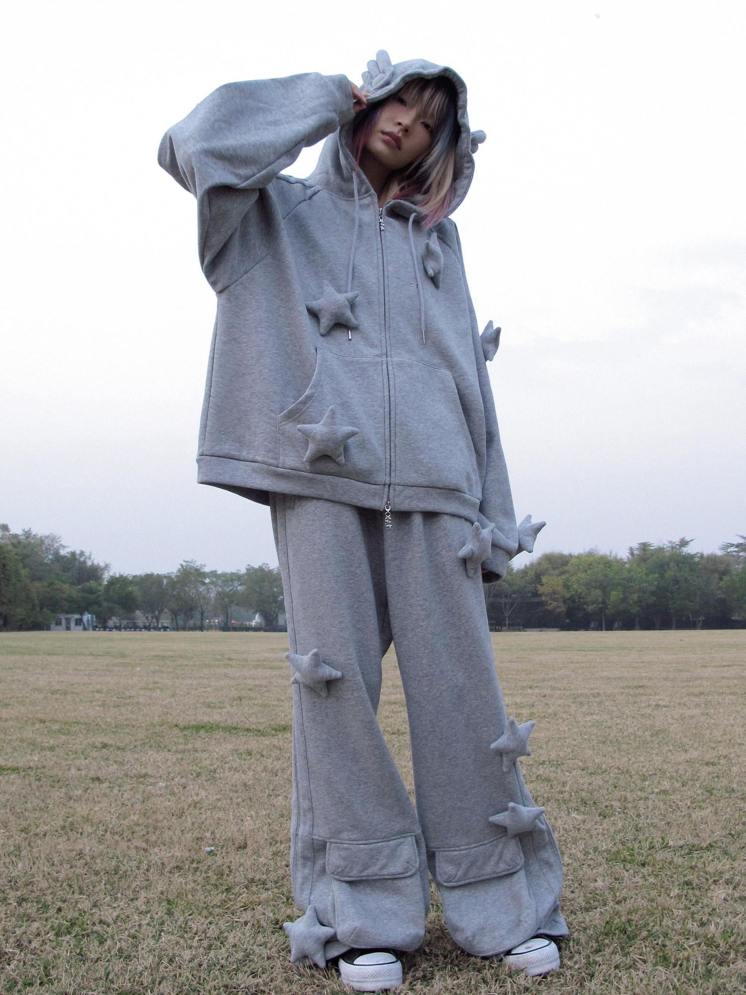 CFIERCE Asymmetrical Street Loose Straight Women Natural Waist Gray Cotton Blend Pants