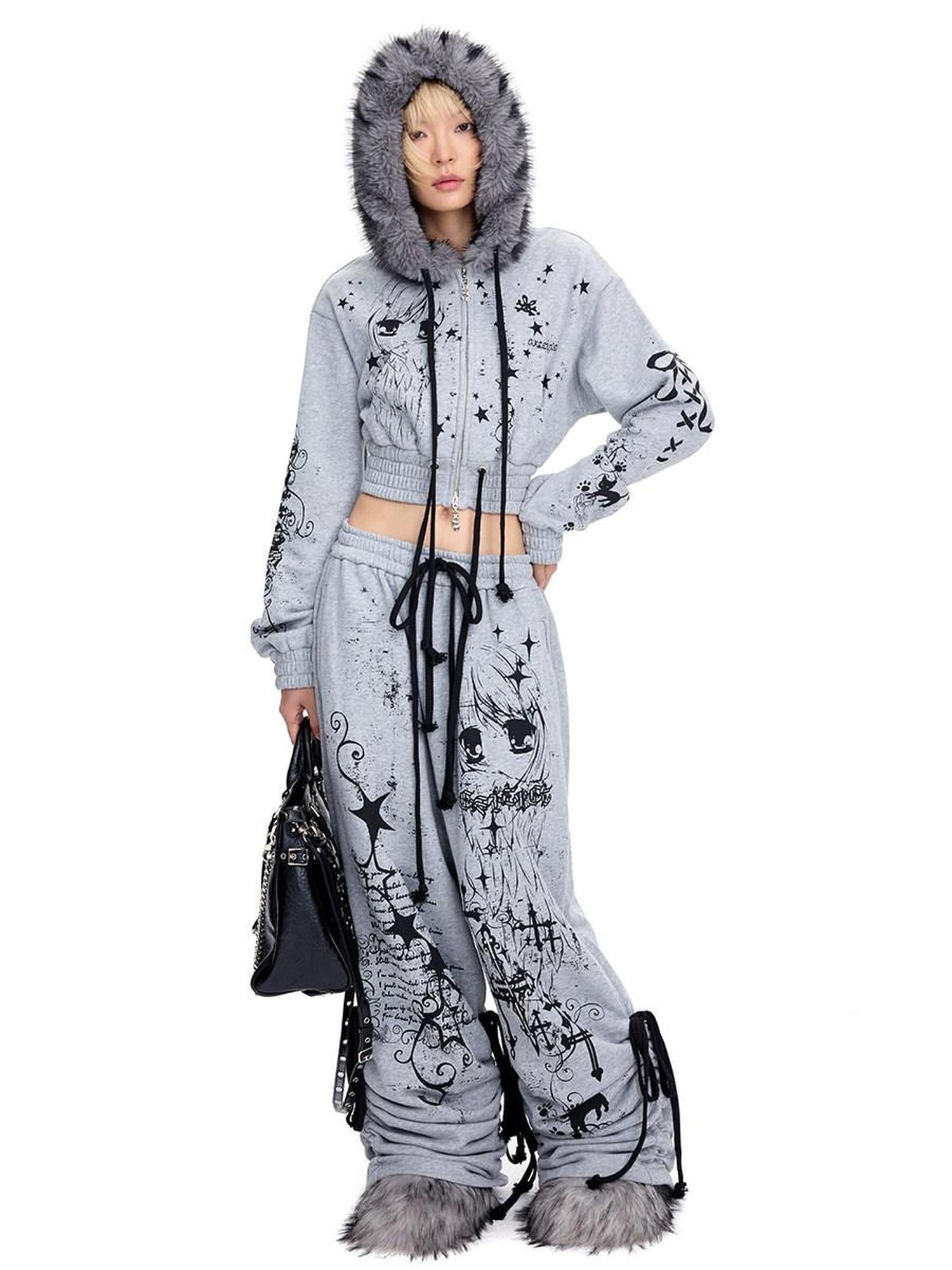 CFIERCE Asymmetrical Street Wide Leg Loose Natural Waist Cotton Gray Pants