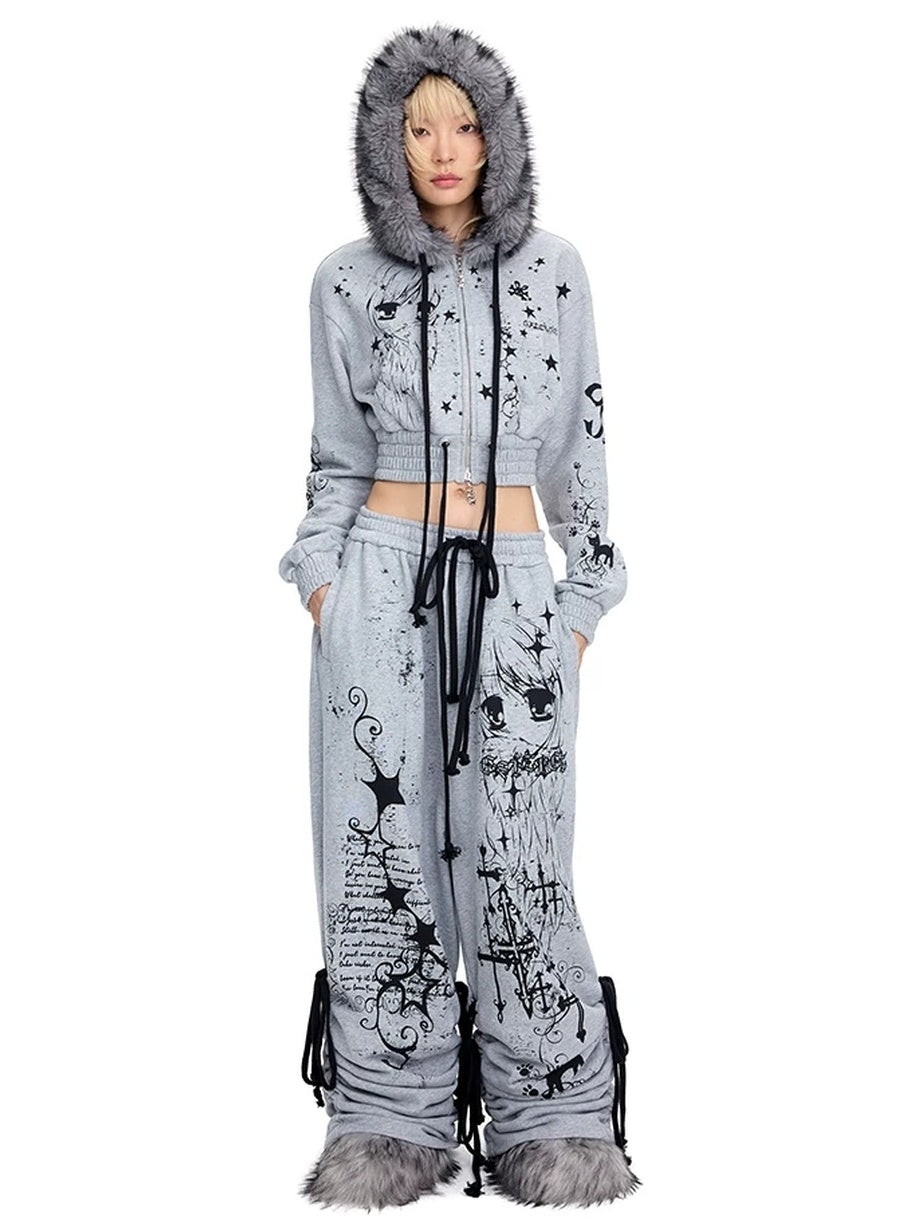 CFIERCE Asymmetrical Street Wide Leg Loose Natural Waist Cotton Gray Pants