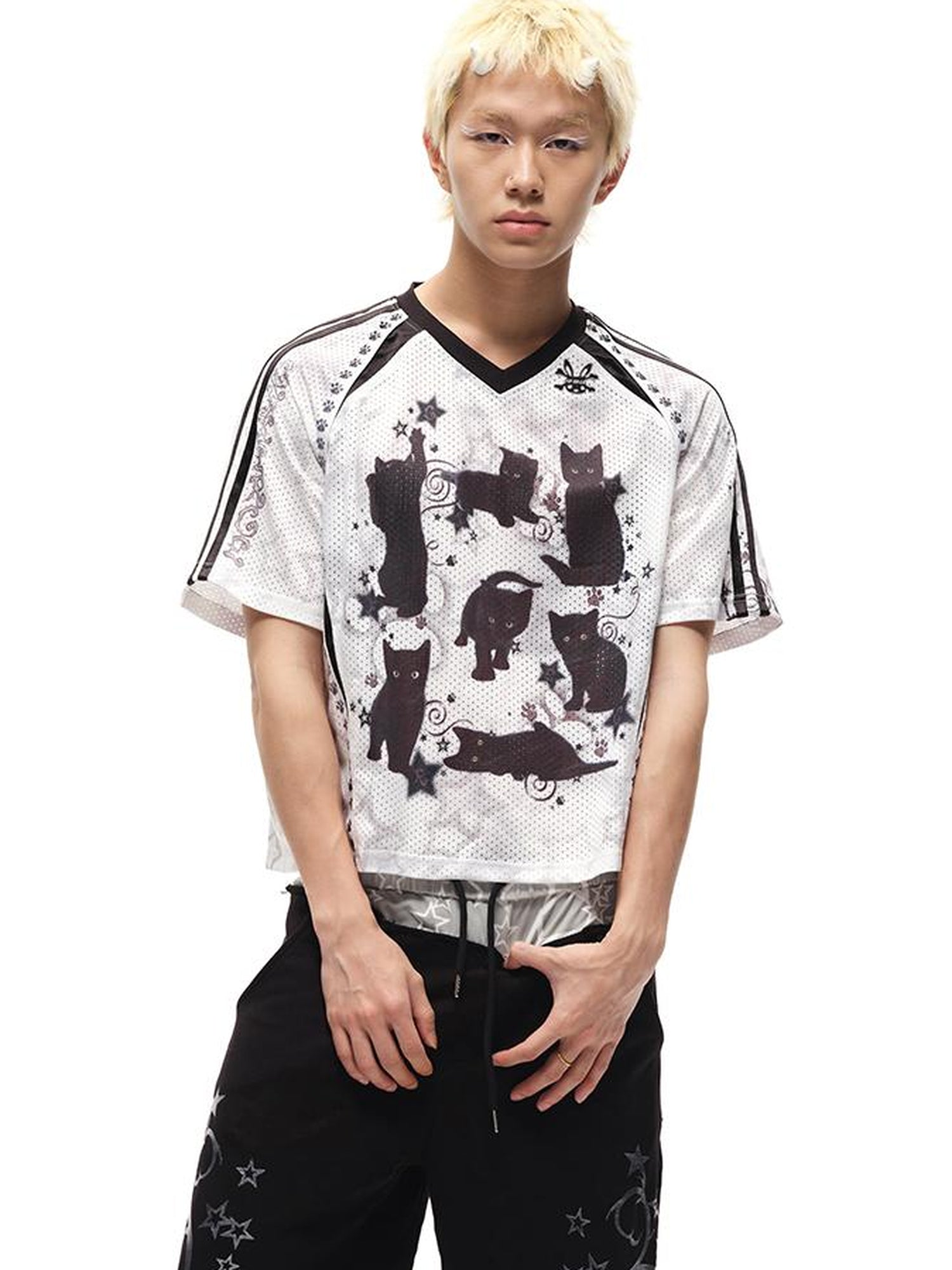 CFIERCE Black Cat Print Raglan Tee V Neck T Shirt Long Sleeve