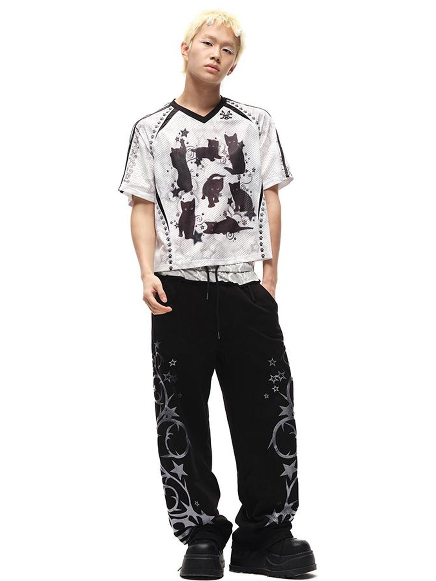 CFIERCE Black Cat Print Raglan Tee V Neck T Shirt Long Sleeve