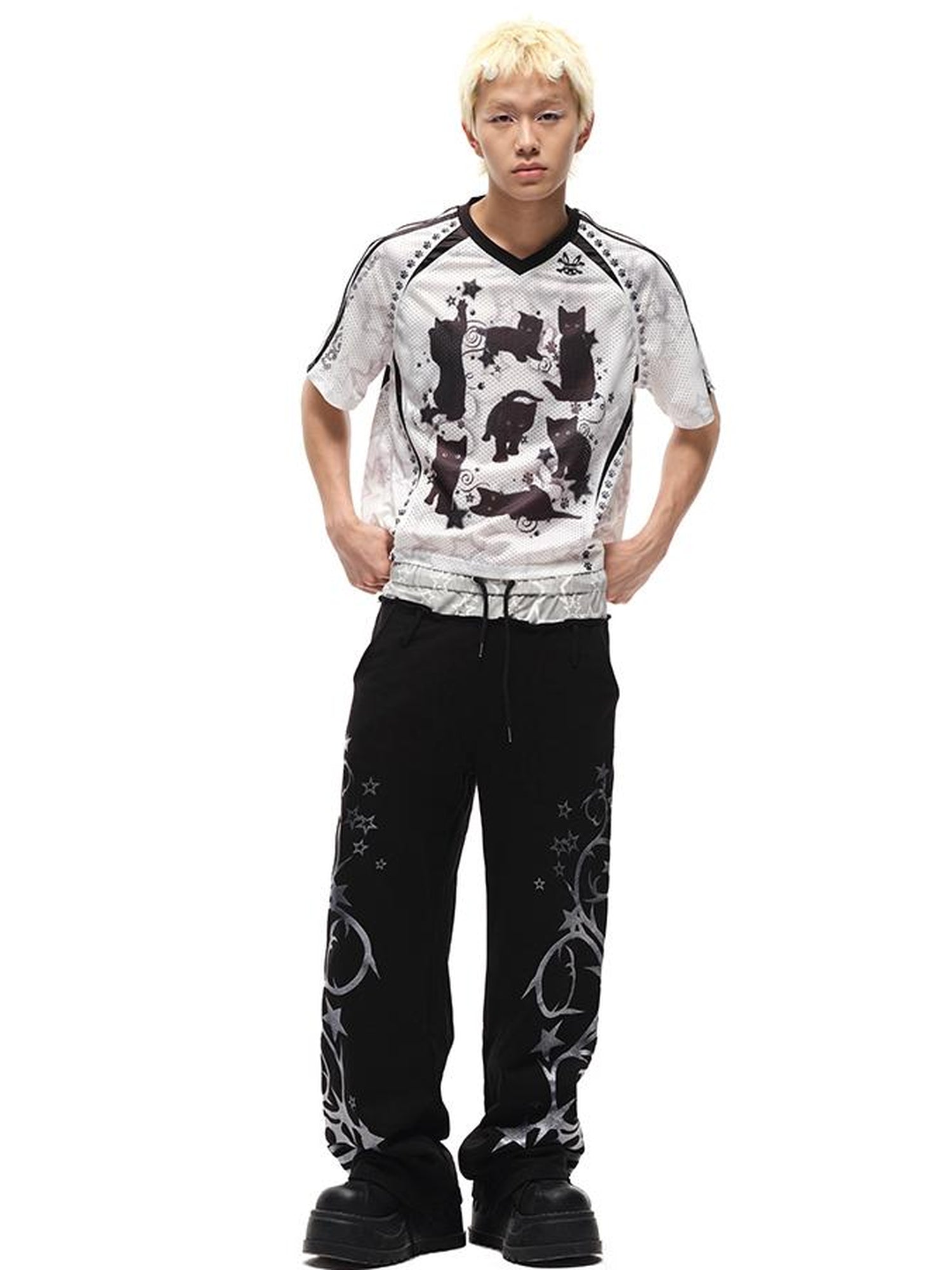 CFIERCE Black Cat Print Raglan Tee V Neck T Shirt Long Sleeve