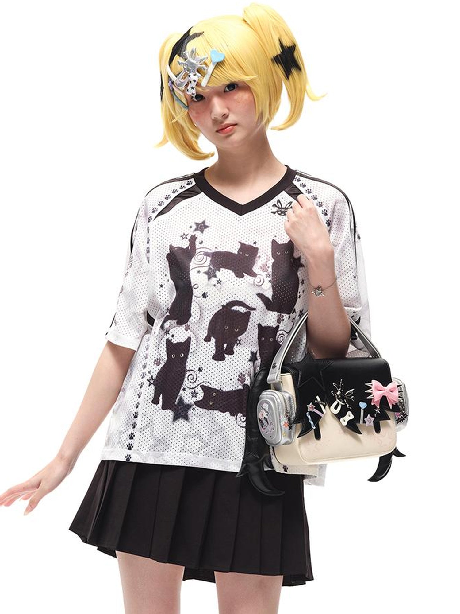 CFIERCE Black Cat Print Raglan Tee V Neck T Shirt Long Sleeve