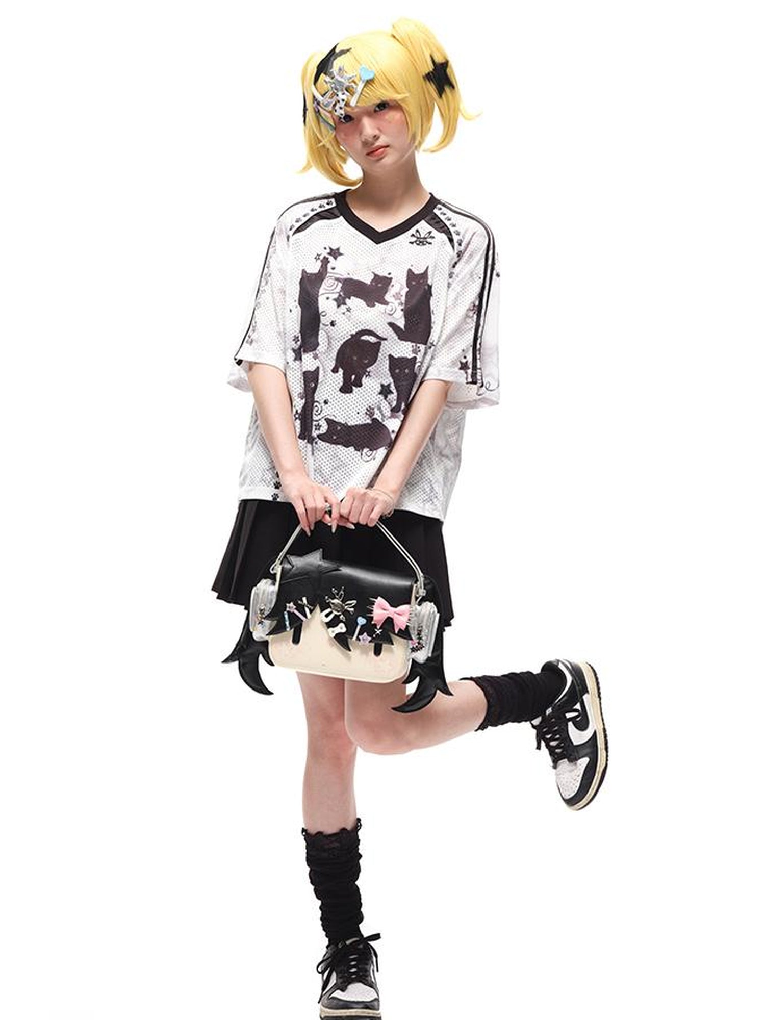 CFIERCE Black Cat Print Raglan Tee V Neck T Shirt Long Sleeve