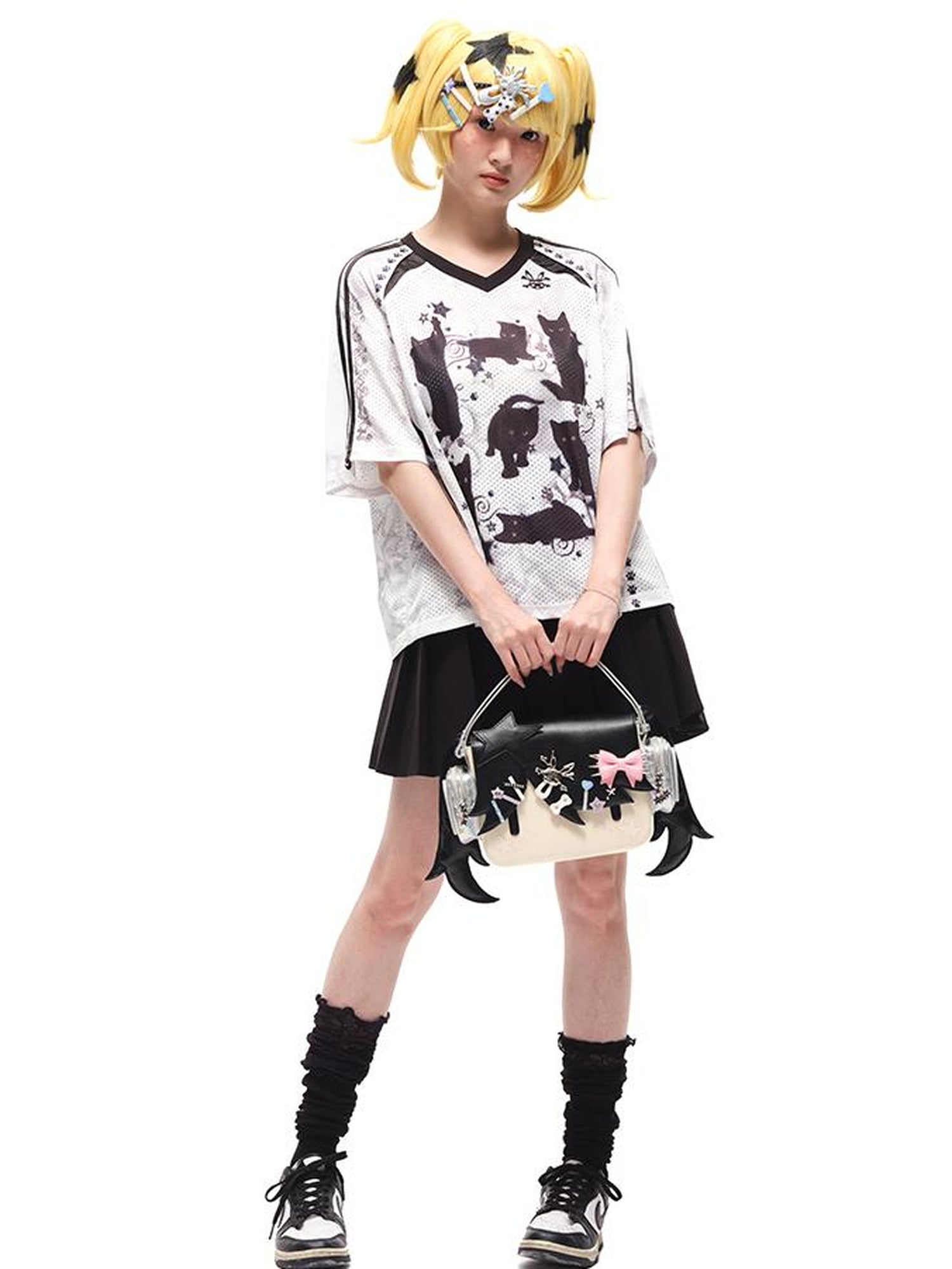 CFIERCE Black Cat Print Raglan Tee V Neck T Shirt Long Sleeve