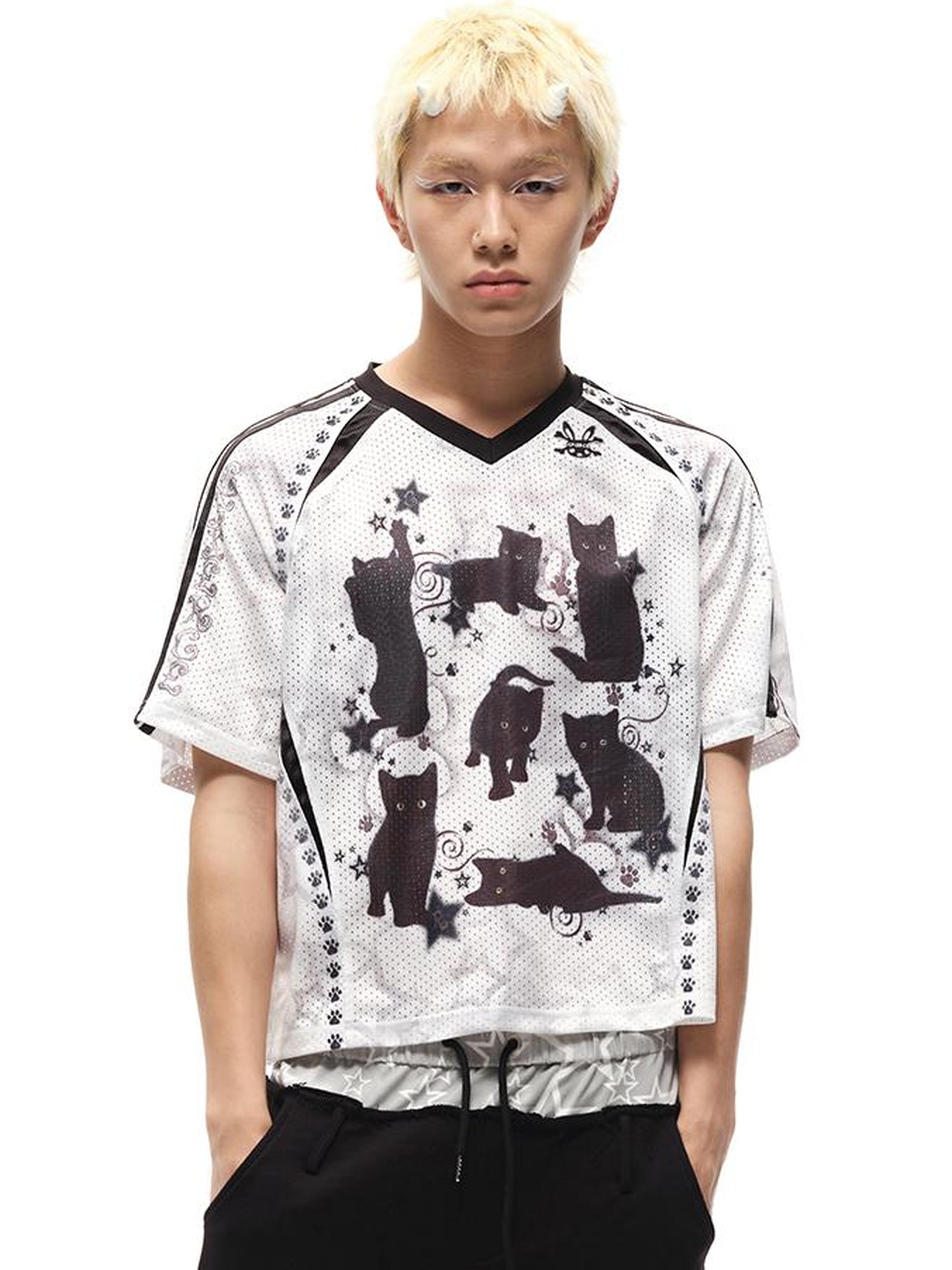 CFIERCE Black Cat Print Raglan Tee V Neck T Shirt Long Sleeve