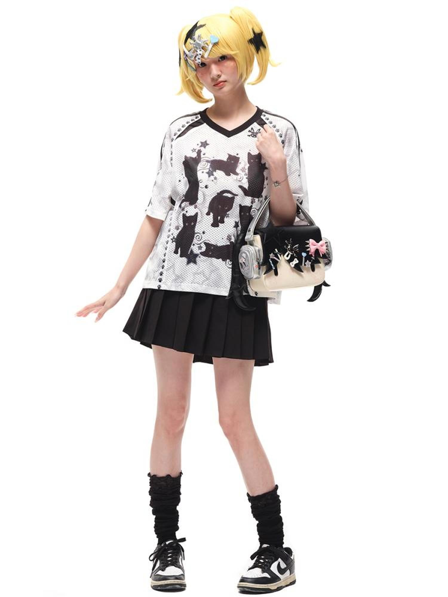 CFIERCE Black Cat Print Raglan Tee V Neck T Shirt Long Sleeve