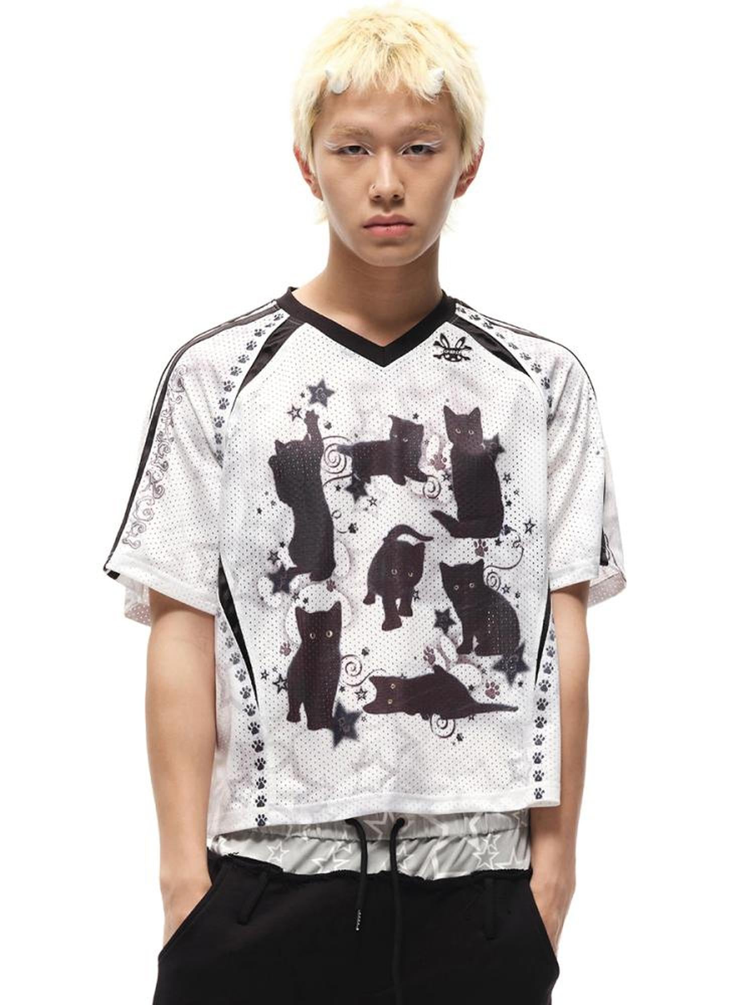 CFIERCE Black Cat Print Raglan Tee V Neck T Shirt Long Sleeve