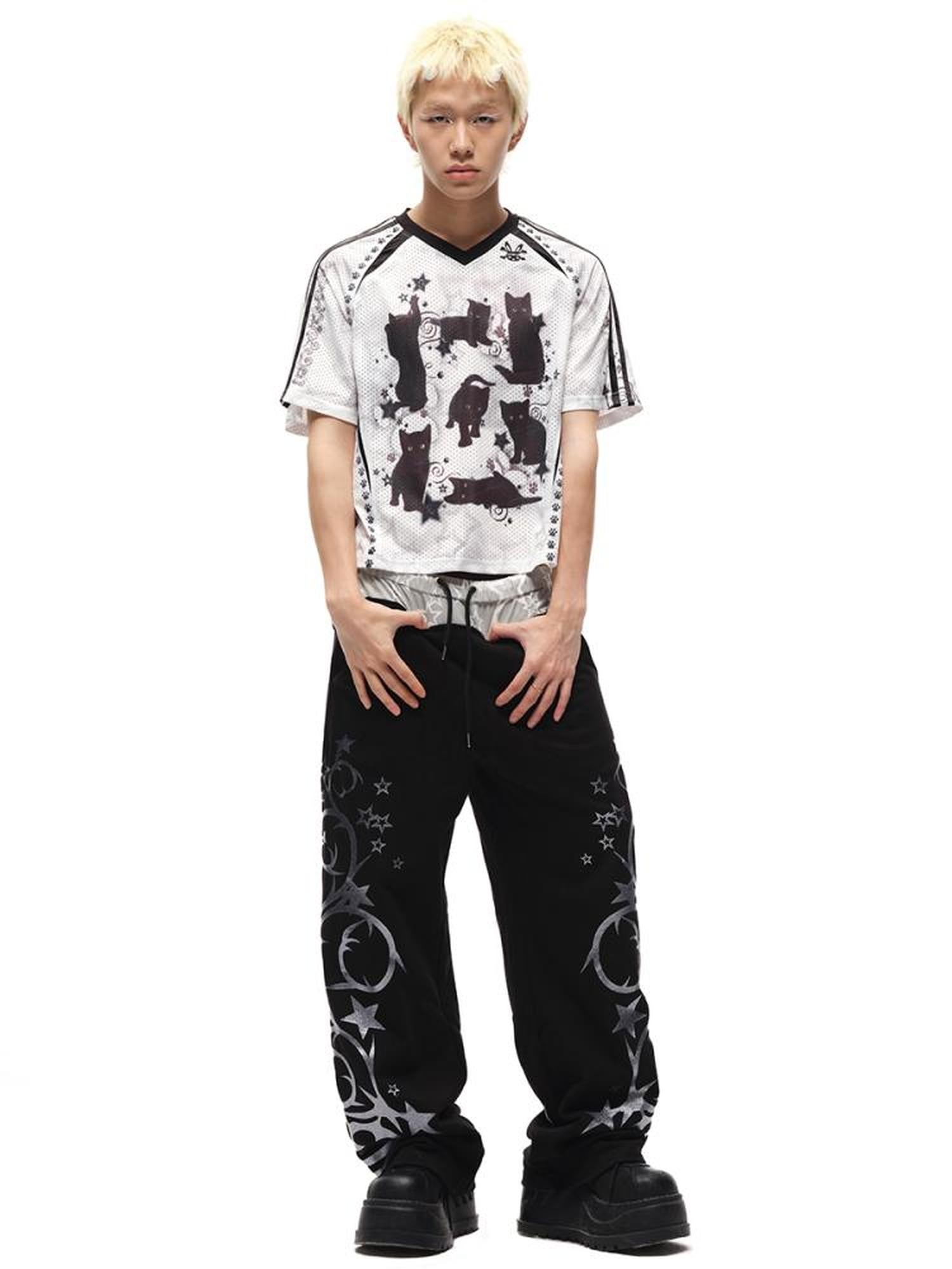 CFIERCE Black Cat Print Raglan Tee V Neck T Shirt Long Sleeve