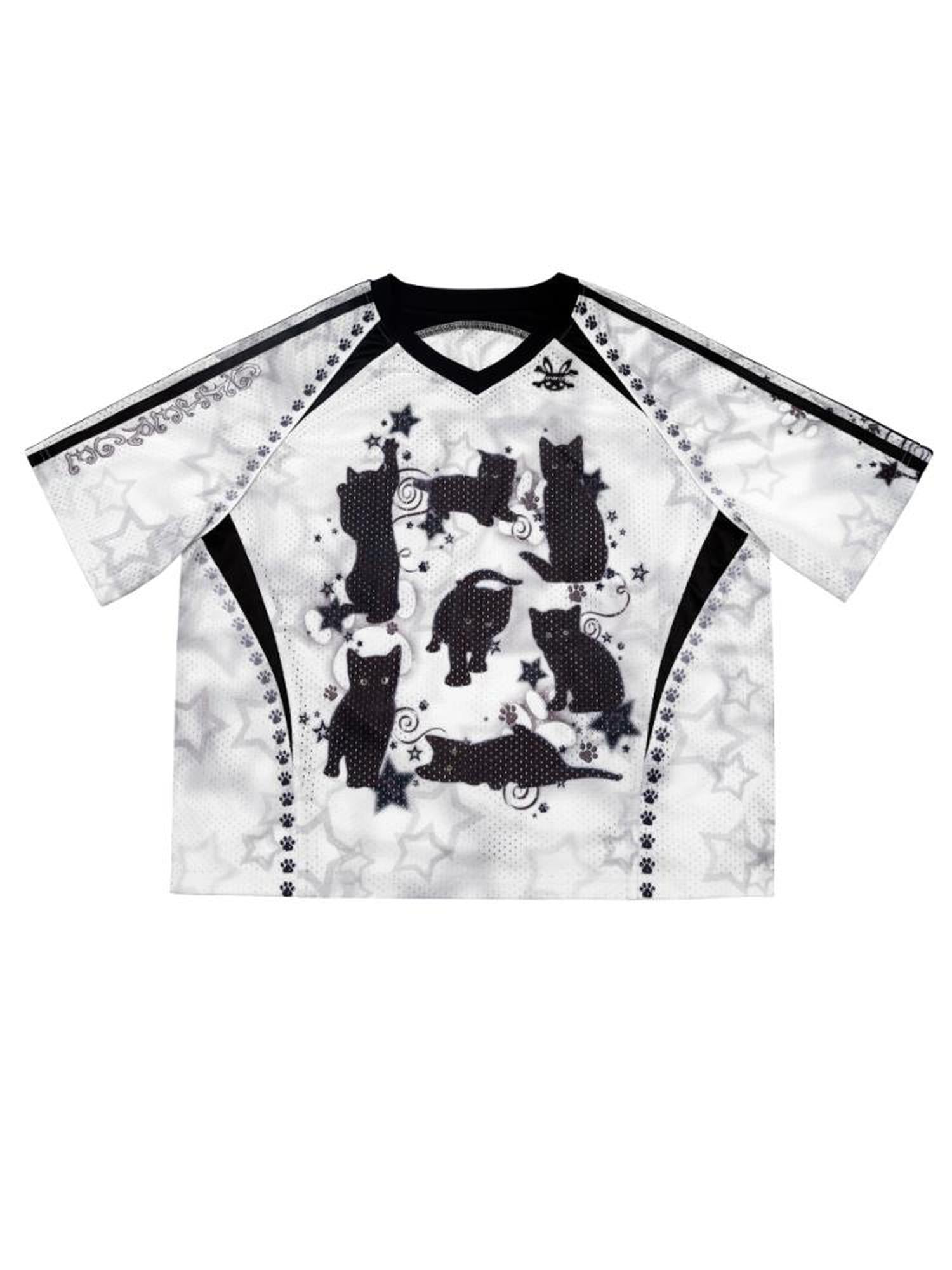 CFIERCE Black Cat Print Raglan Tee V Neck T Shirt Long Sleeve