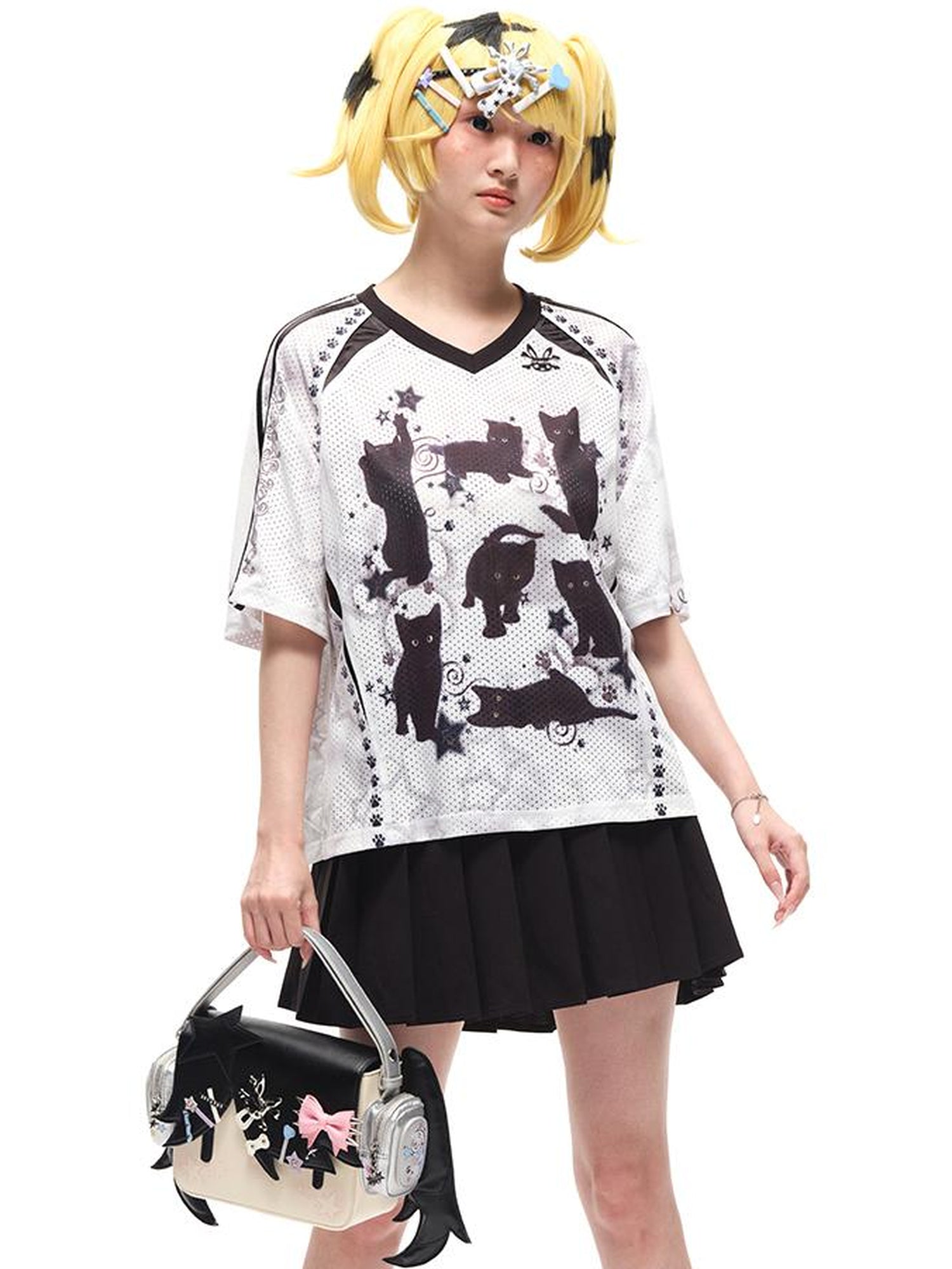 CFIERCE Black Cat Print Raglan Tee V Neck T Shirt Long Sleeve