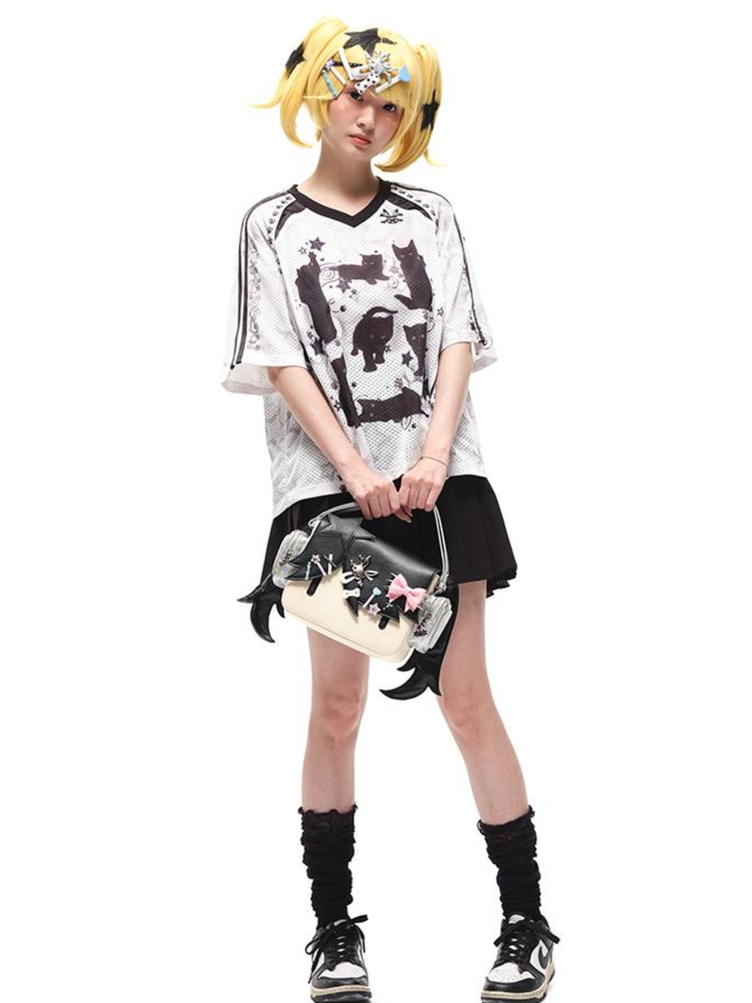 CFIERCE Black Cat Print Raglan Tee V Neck T Shirt Long Sleeve
