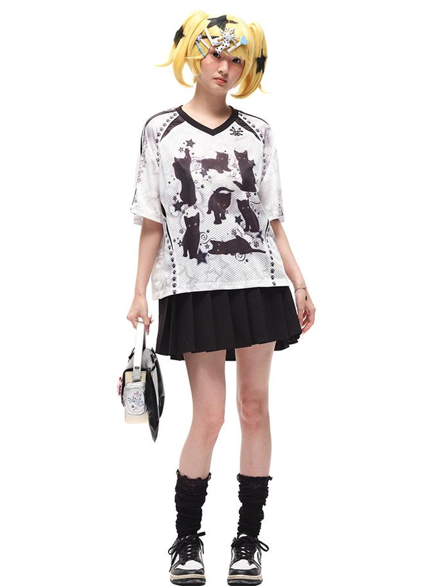 CFIERCE Black Cat Print Raglan Tee V Neck T Shirt Long Sleeve