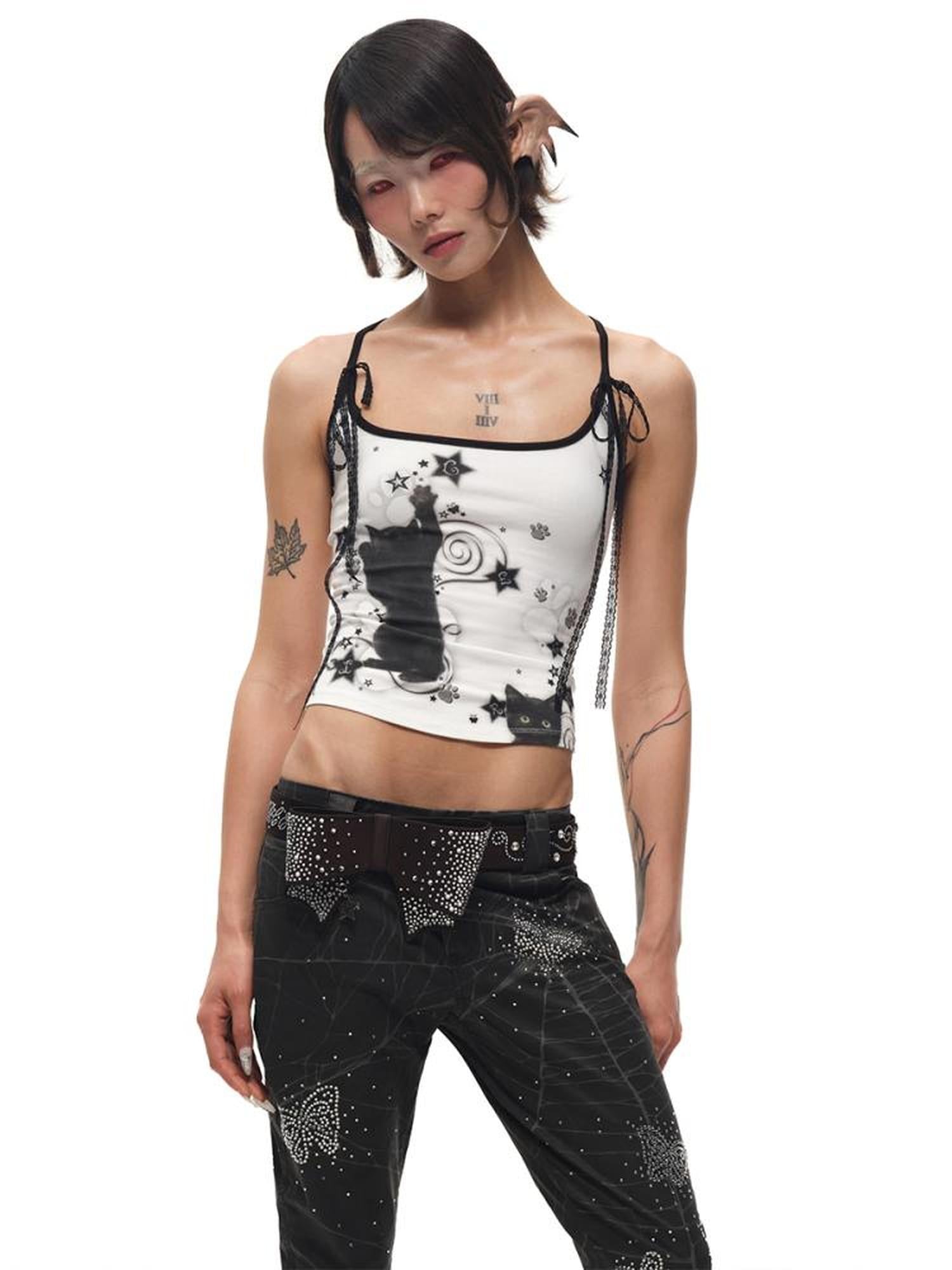 CFIERCE Black Cat Print Strappy Tank Top