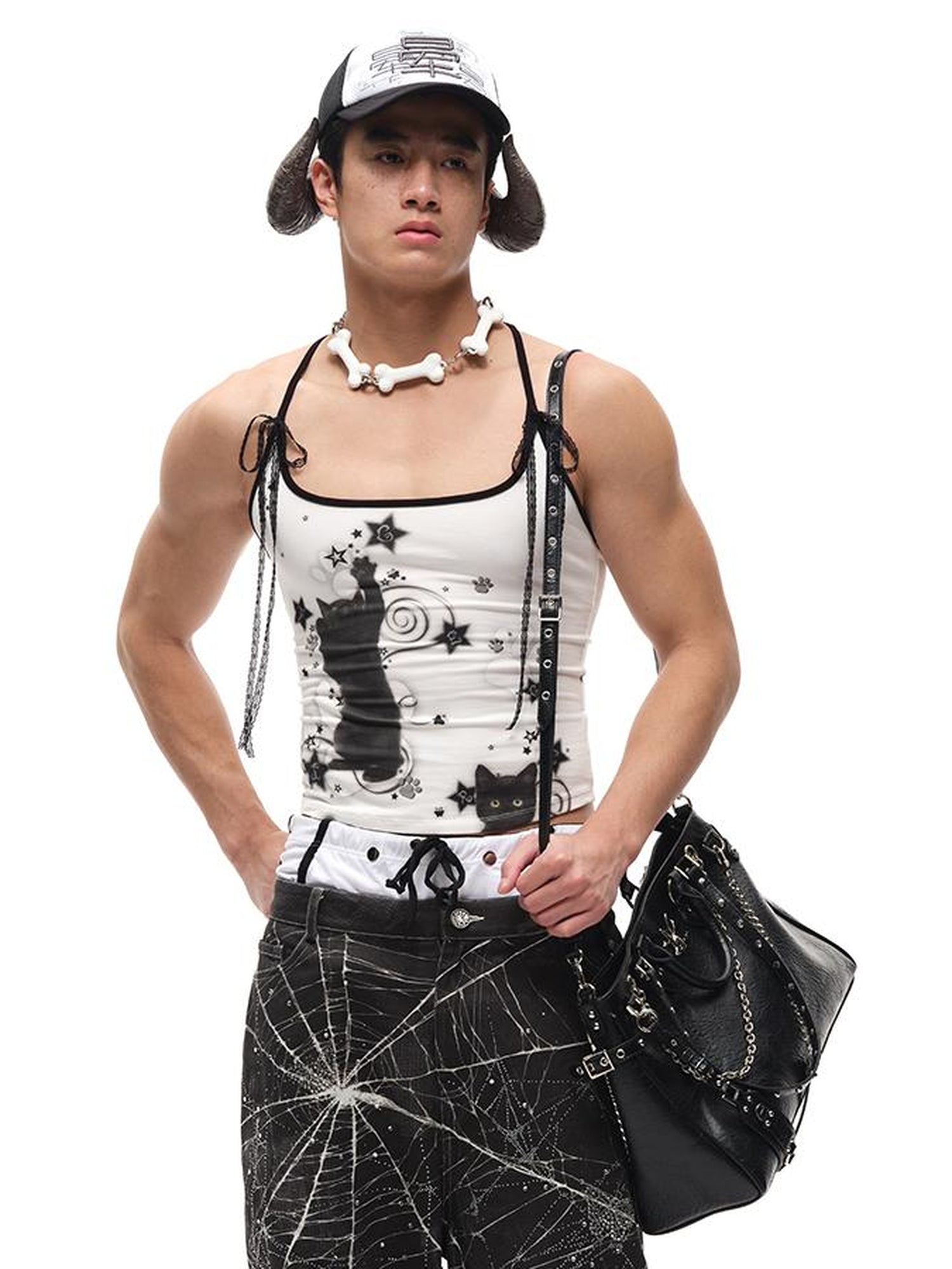 CFIERCE Black Cat Print Strappy Tank Top