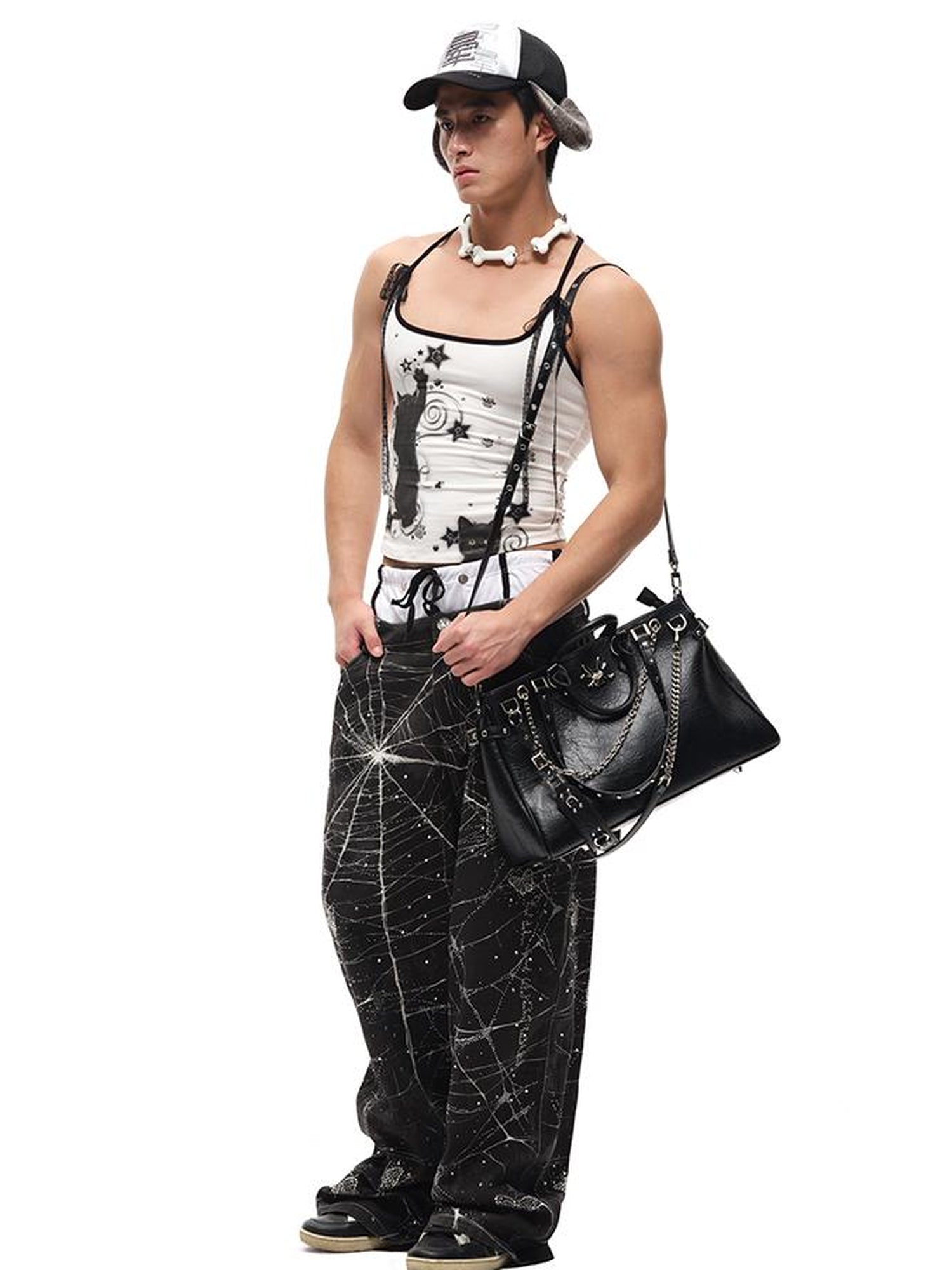 CFIERCE Black Cat Print Strappy Tank Top