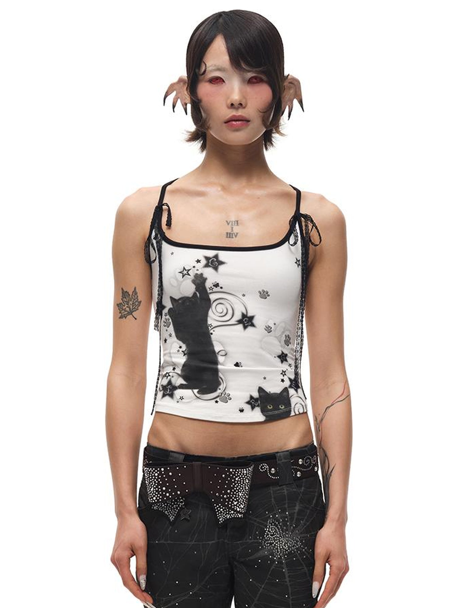 CFIERCE Black Cat Print Strappy Tank Top