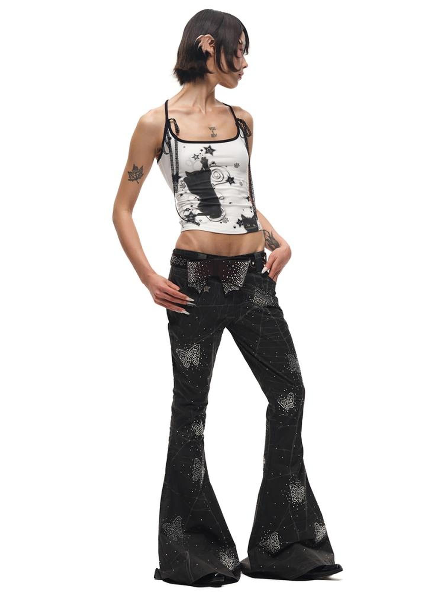 CFIERCE Black Cat Print Strappy Tank Top